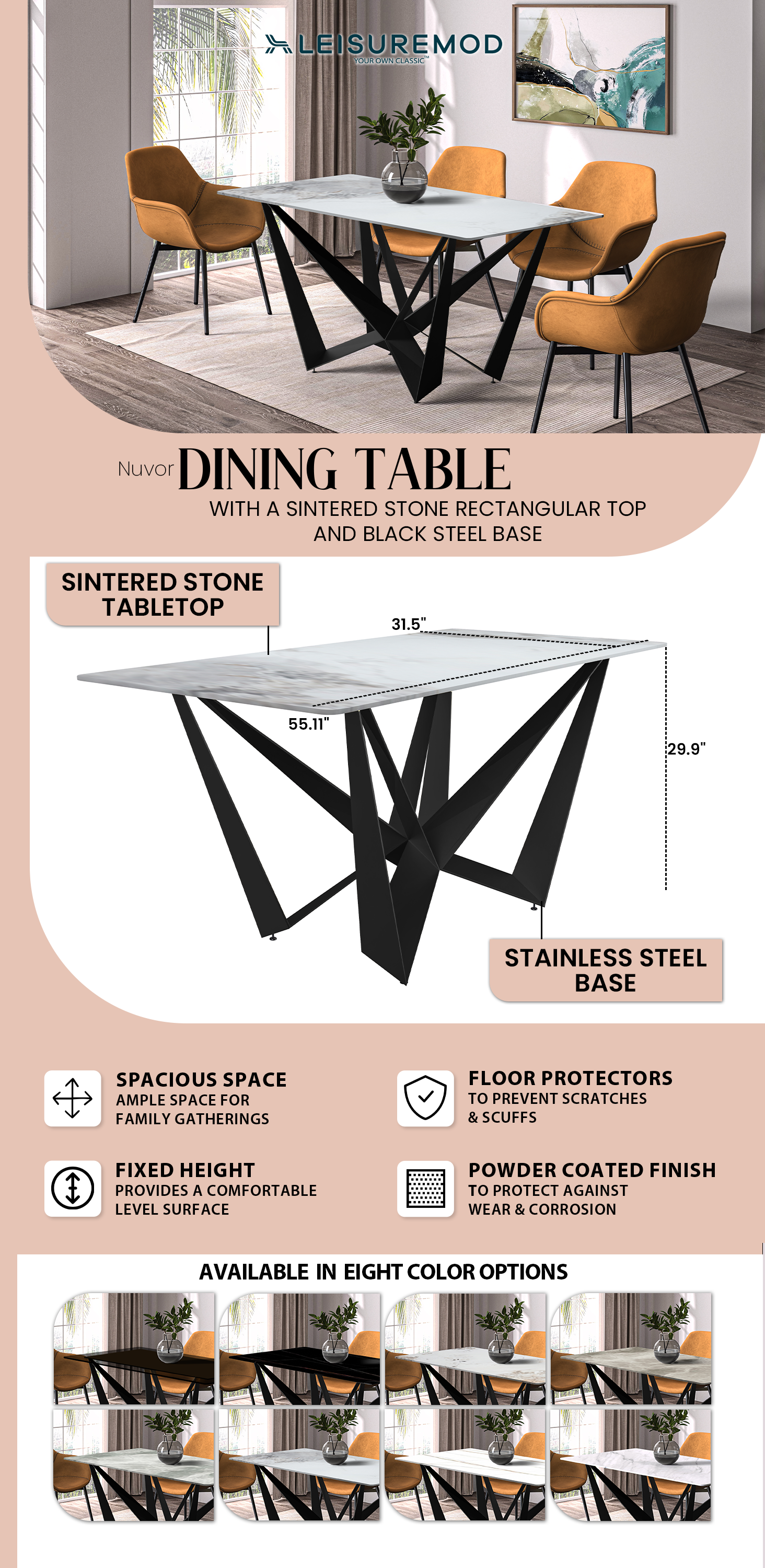 Nuvor Series Modern Dining Table Black Base, With 55 Medium Grey Sintered Stone Top