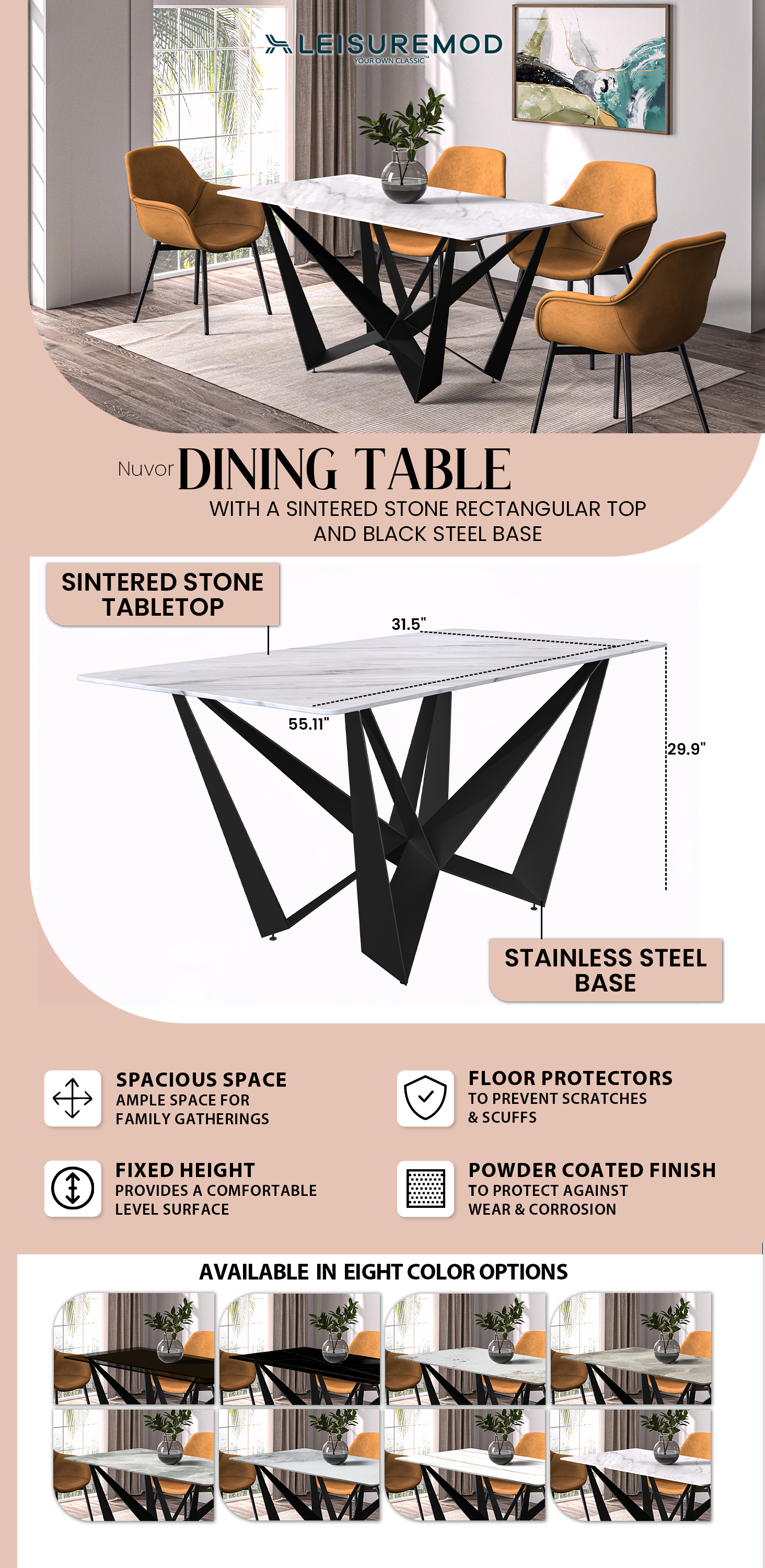 Nuvor Series Modern Dining Table Black Base, With 55 White Sintered Stone Top