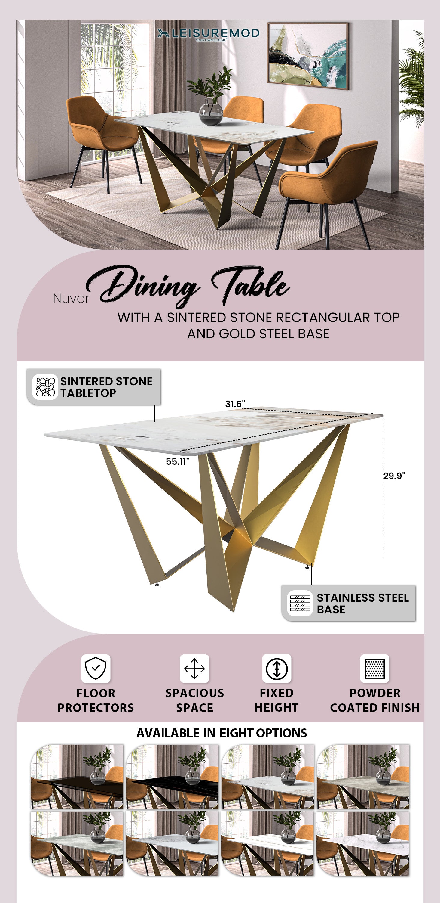 Nuvor Mid-Century Modern Dining Table with a 55 Rectangular White Grey Top and Gold Steel Base