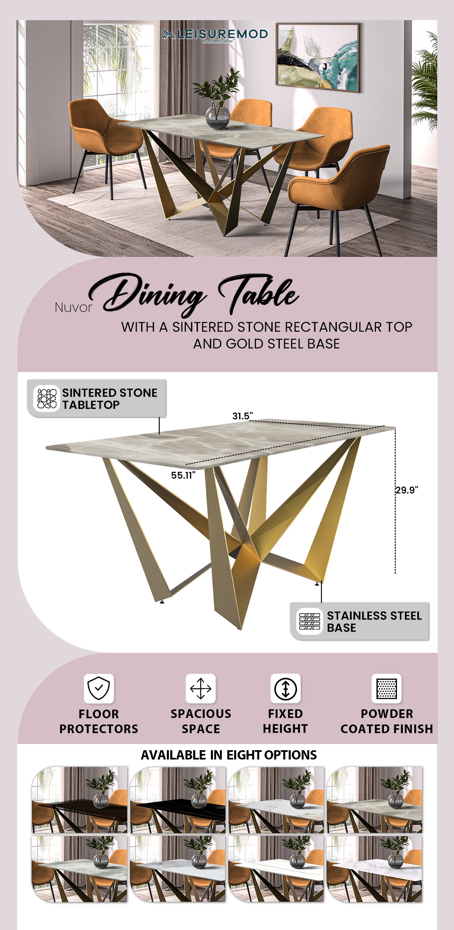 Nuvor Mid-Century Modern Dining Table with a 55 Rectangular Deep Grey Top and Gold Steel Base