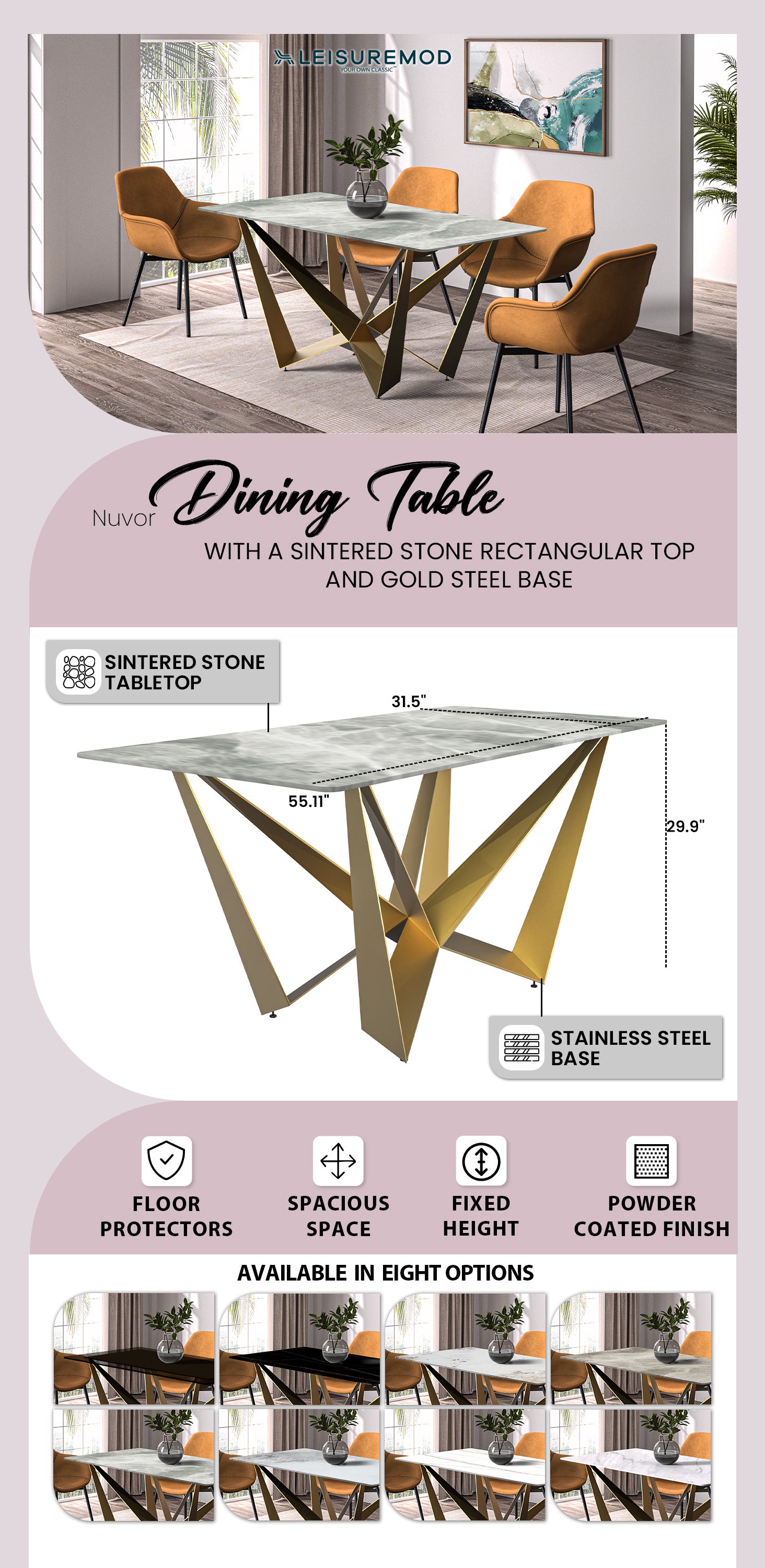 Nuvor Mid-Century Modern Dining Table with a 55 Rectangular Light Grey Top and Gold Steel Base