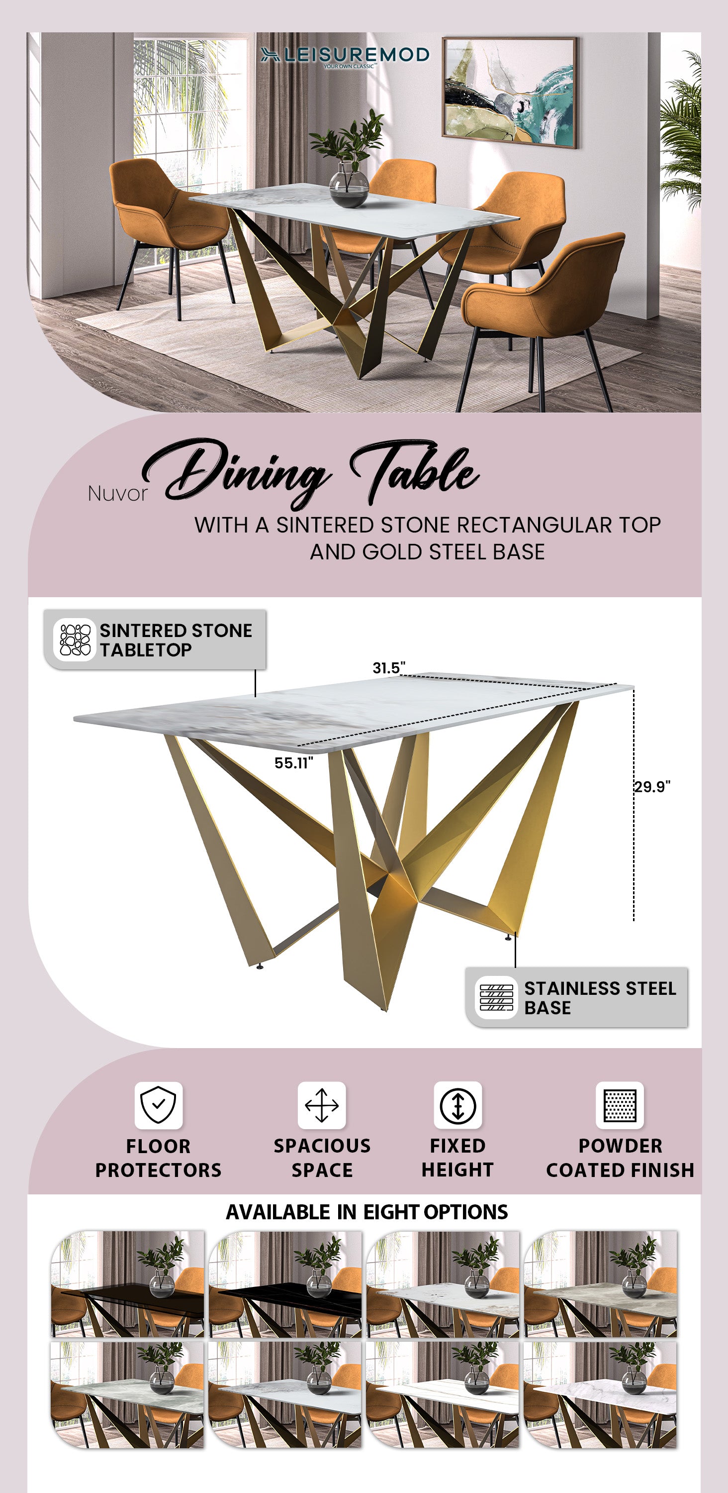 Nuvor Mid-Century Modern Dining Table with a 55 Rectangular Medium Grey Top and Gold Steel Base