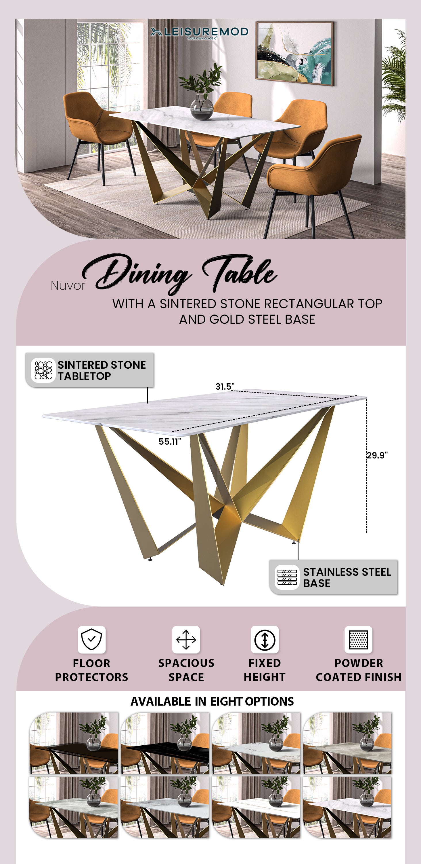 Nuvor Mid-Century Modern Dining Table with a 55 Rectangular White Top and Gold Steel Base