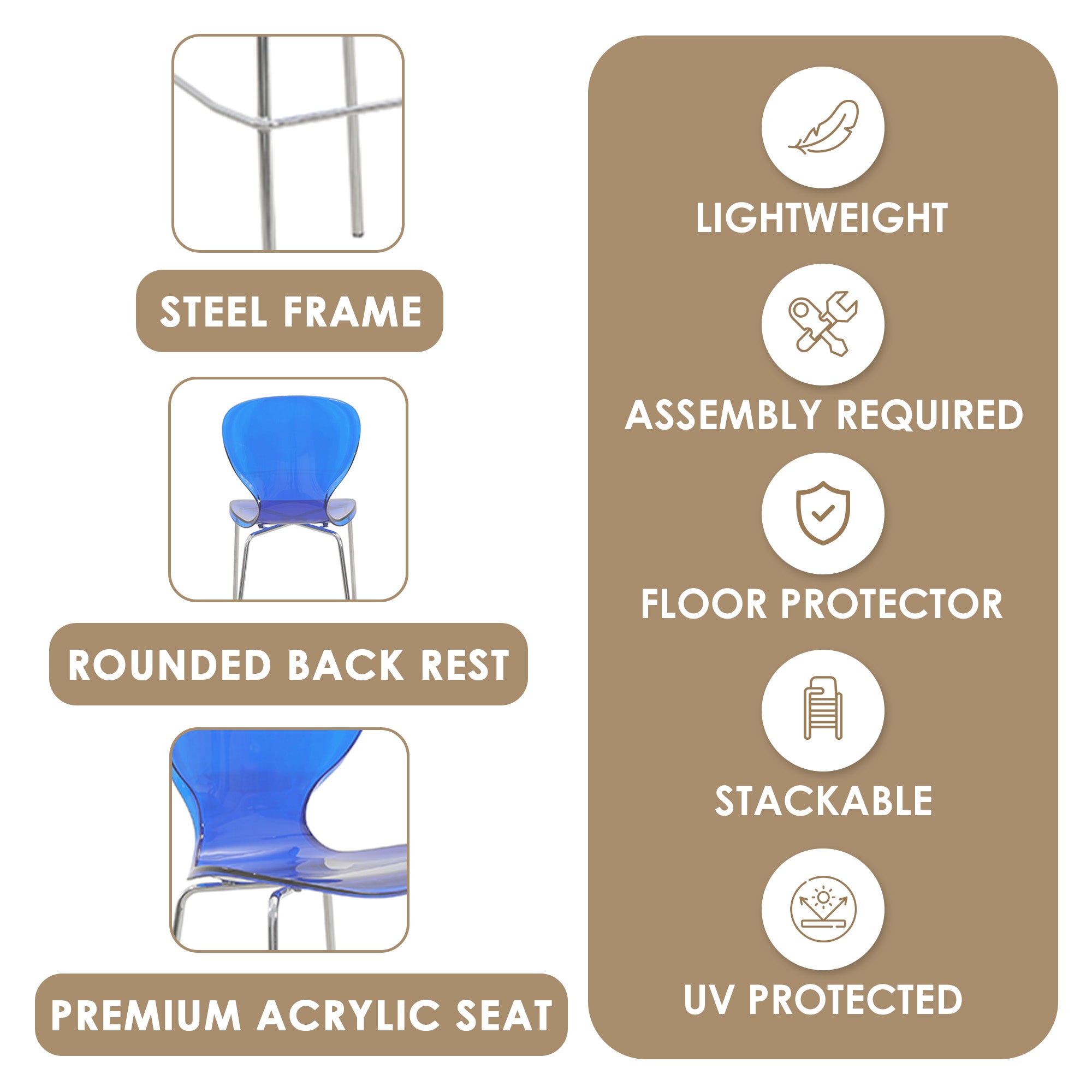 Oyster Acrylic Barstool with Steel Frame in Chrome Finish in Clear