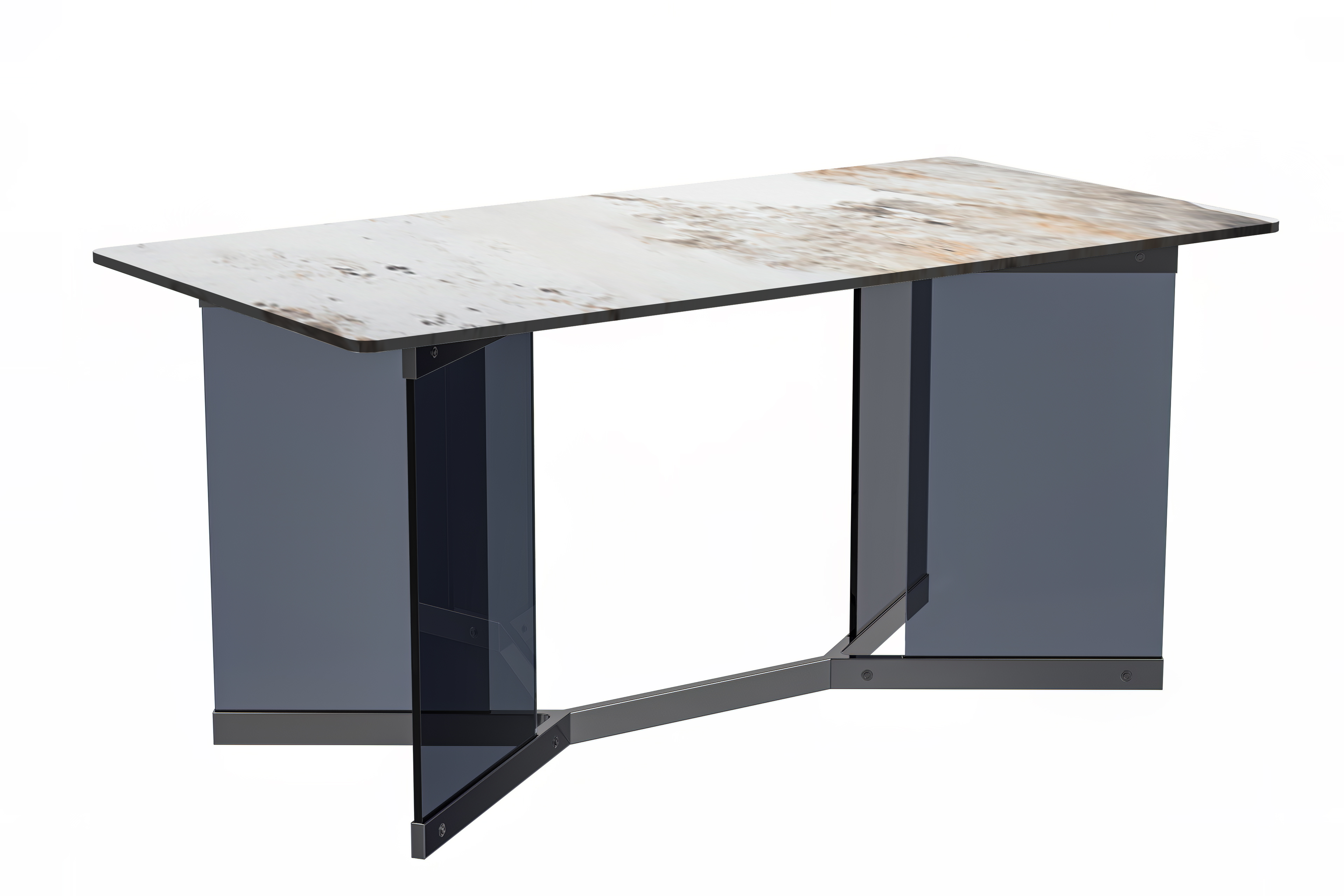 Oryn Series Modern Dining Table Black Glass and Steel Base, With 55 White Grey Sintered Stone Top