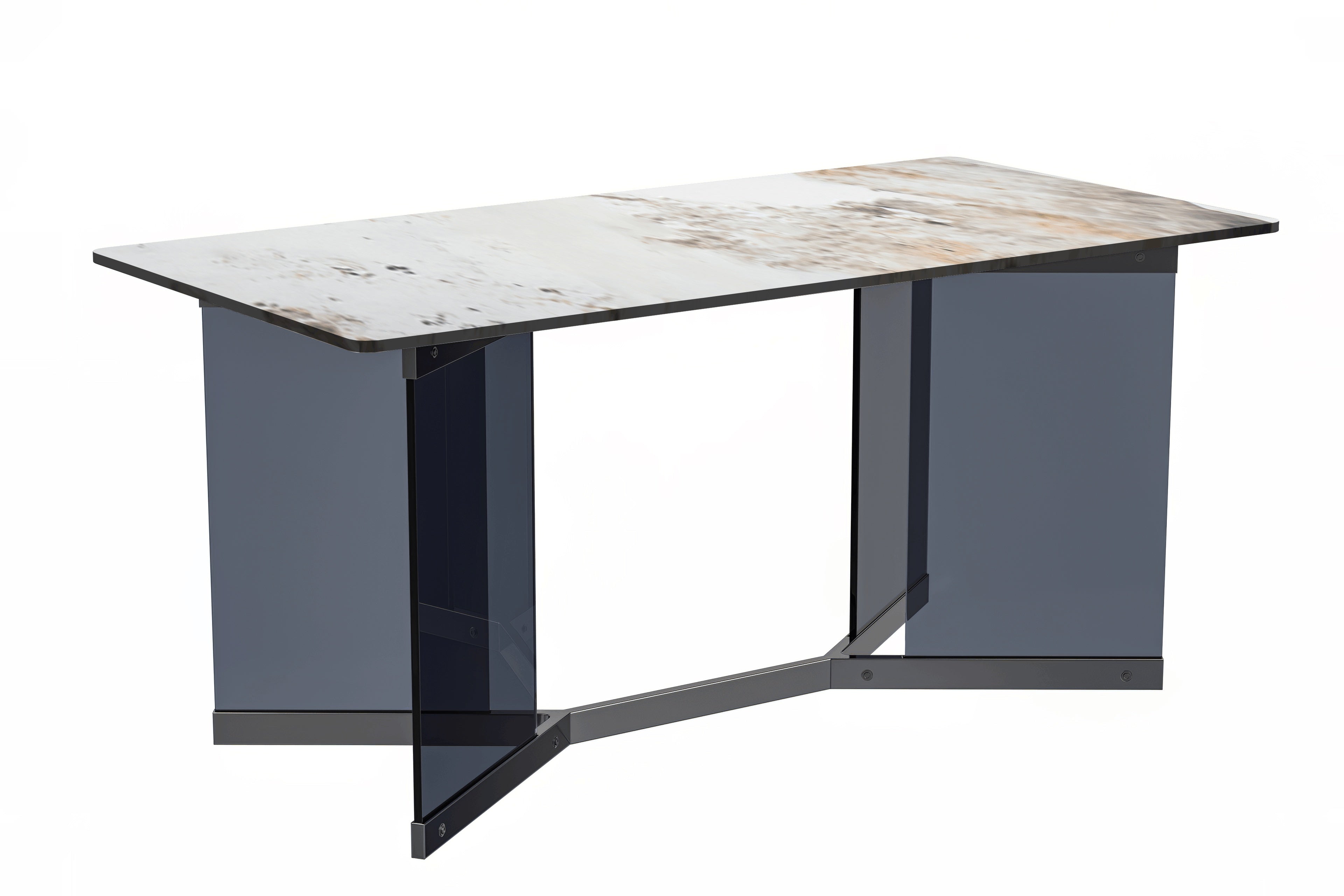 Oryn Series Modern Dining Table Black Glass and Steel Base, With 62" White Grey Sintered Stone Top