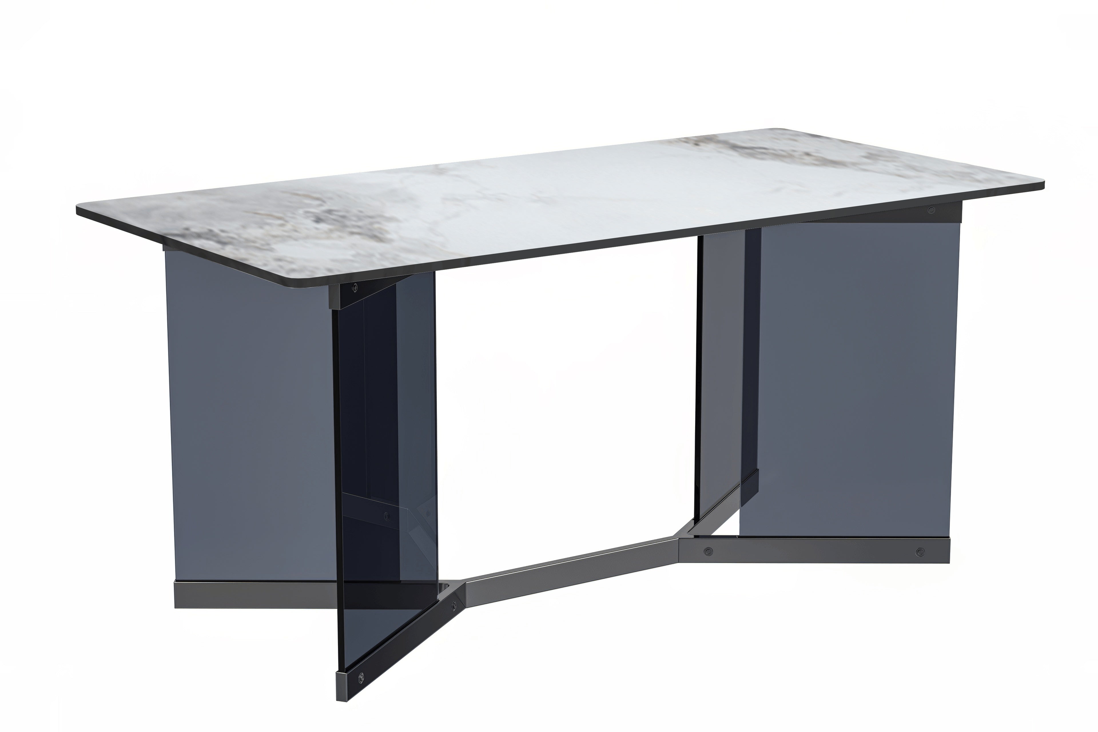 Oryn Series Modern Dining Table Black Glass and Steel Base, With 62" Medium Grey Sintered Stone Top