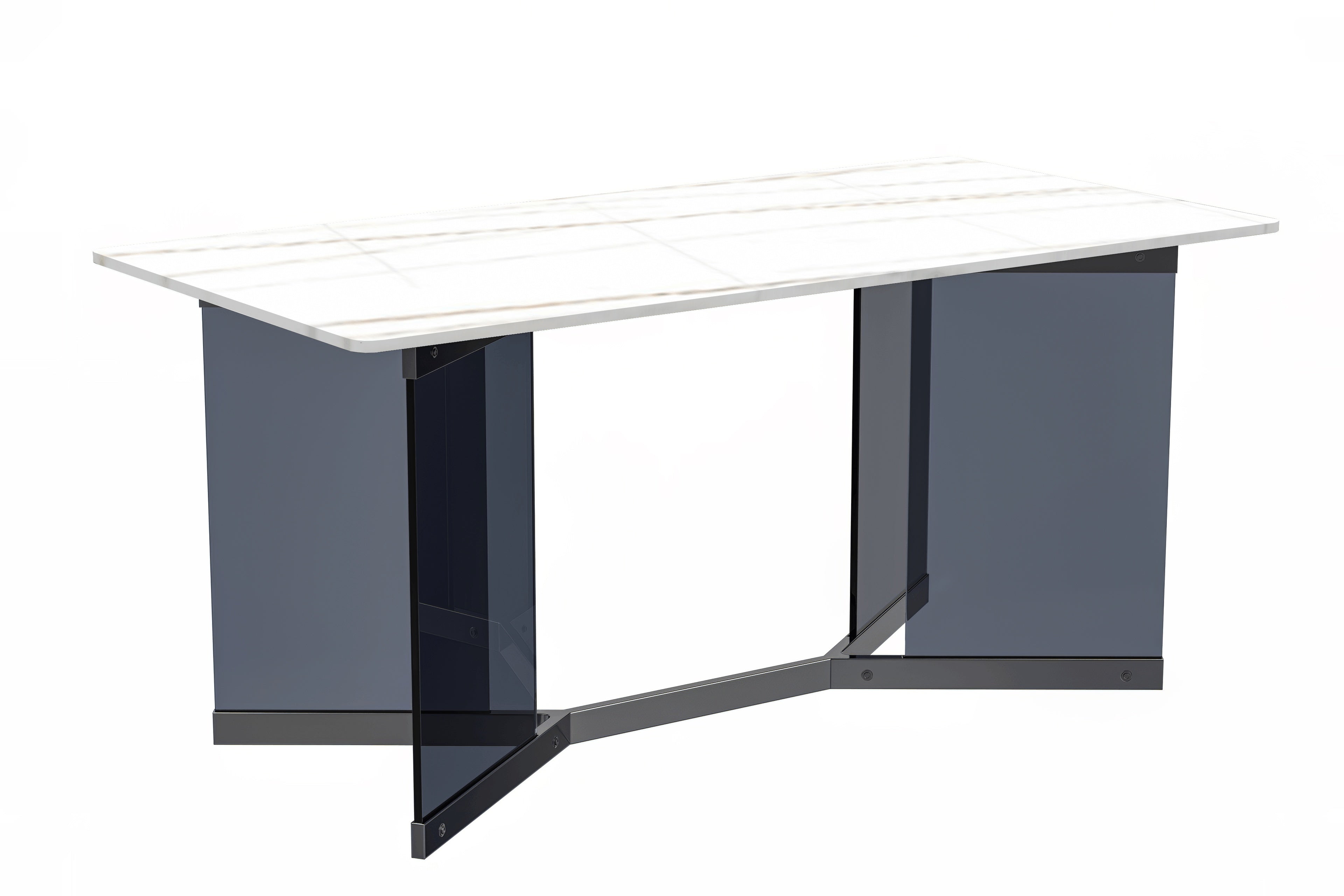 Oryn Series Modern Dining Table Black Glass and Steel Base, With 62" White/Gold Sintered Stone Top