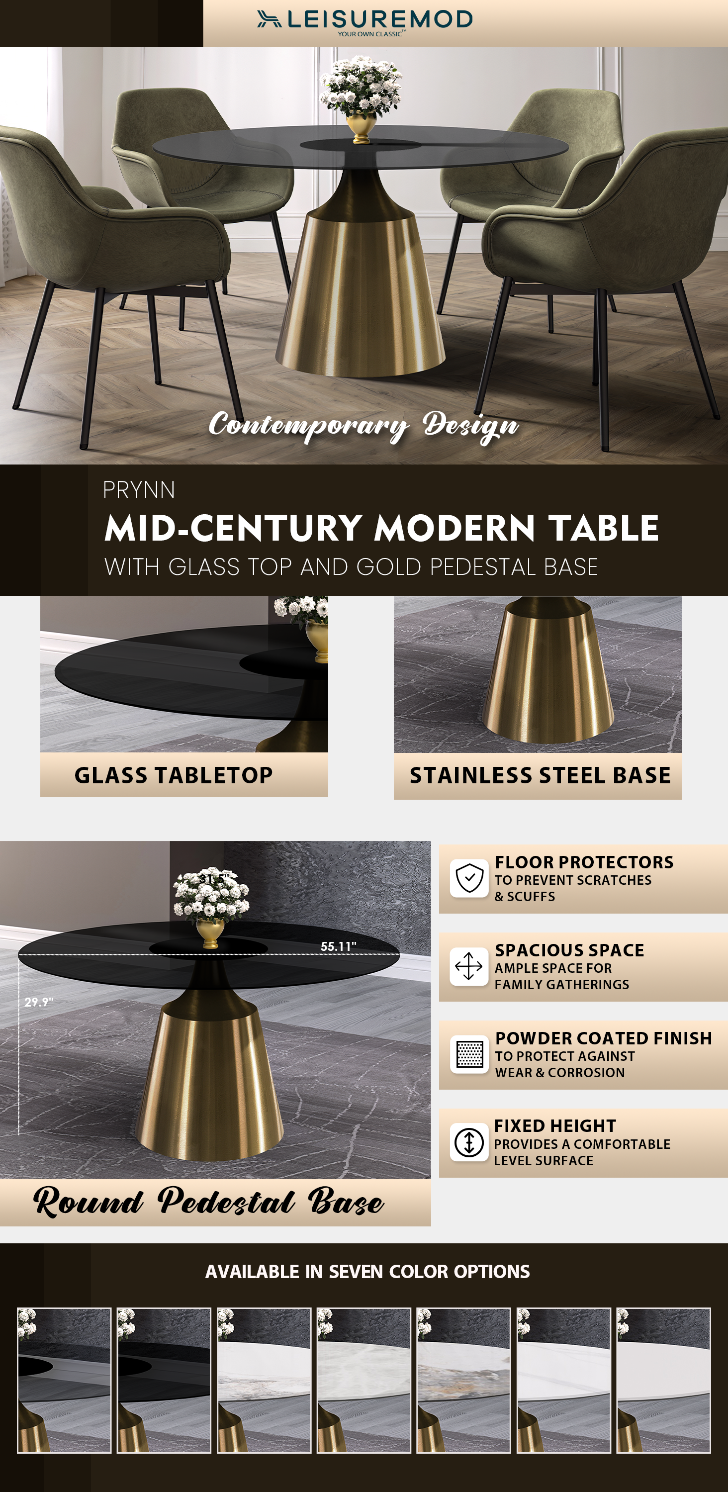 Prynn Series Round Dining Table Gold Base with 60 Round BLack Glass Top