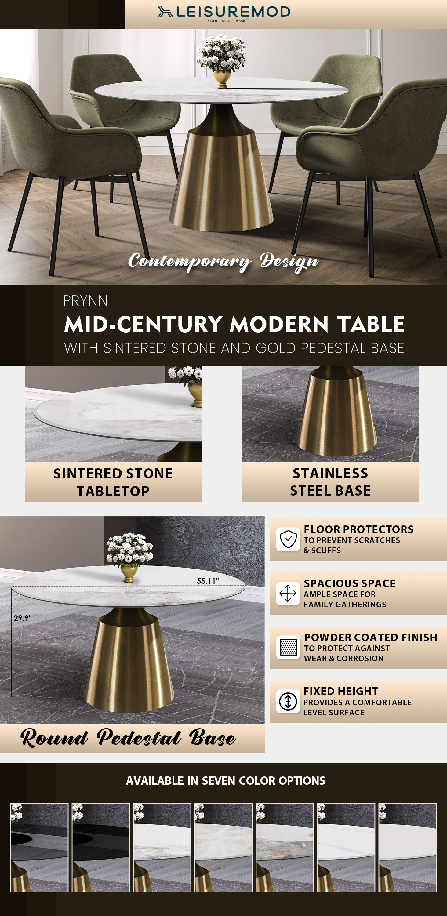 Prynn Series Round Dining Table Gold Base with 60 Round White Grey Sintered Stone Top