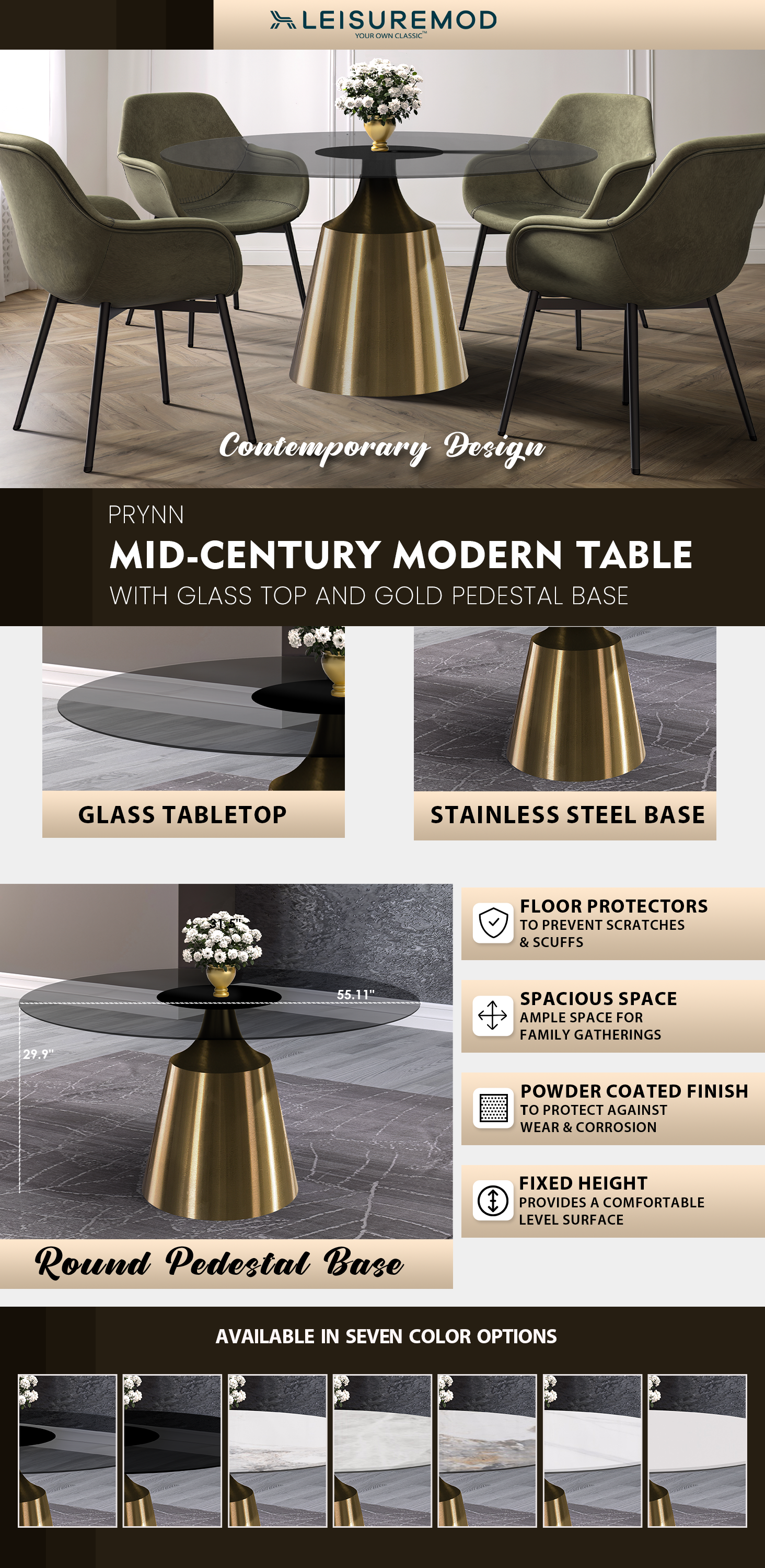 Prynn Series Round Dining Table Gold Base with 60 Round Clear Glass Top