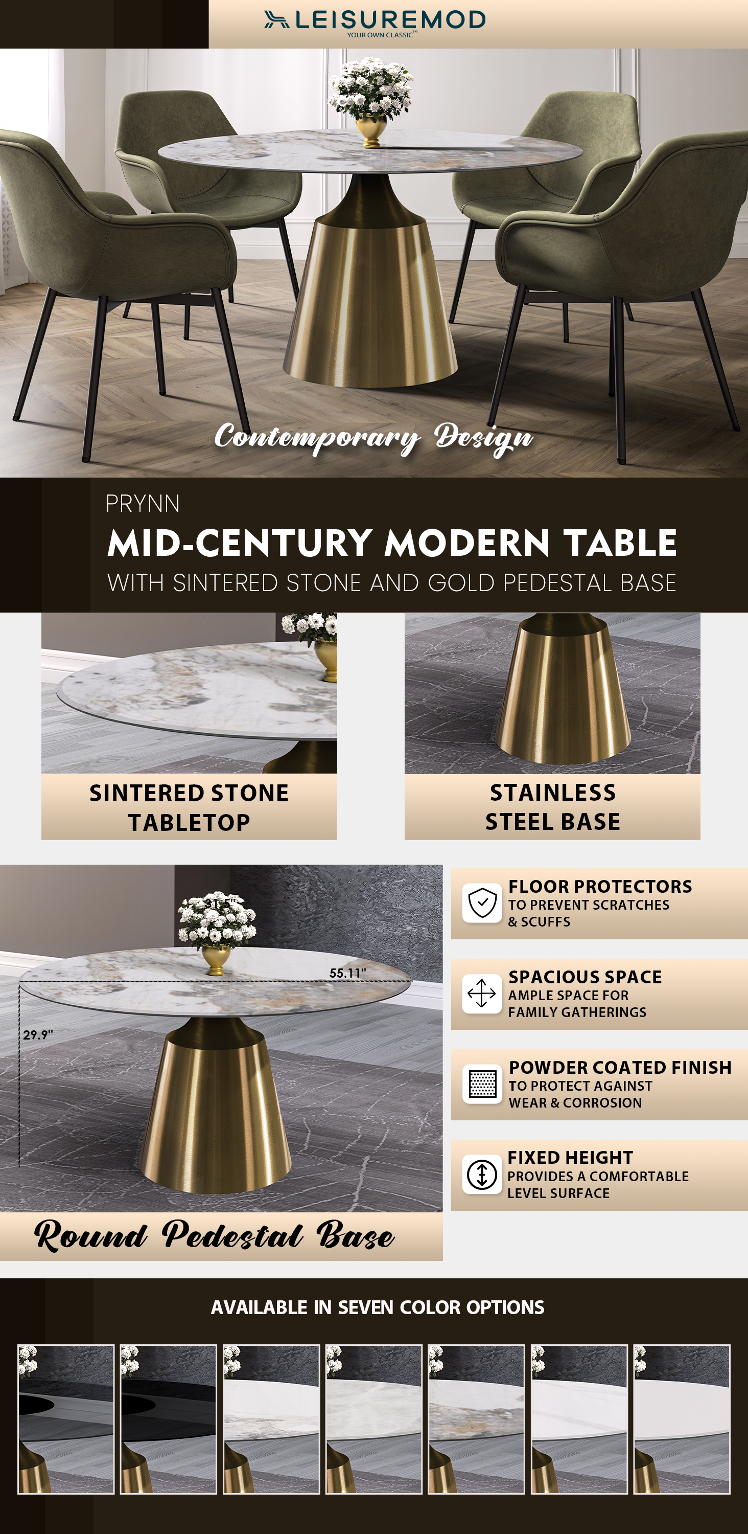 Prynn Series Round Dining Table Gold Base with 60 Round Medium Grey Sintered Stone Top