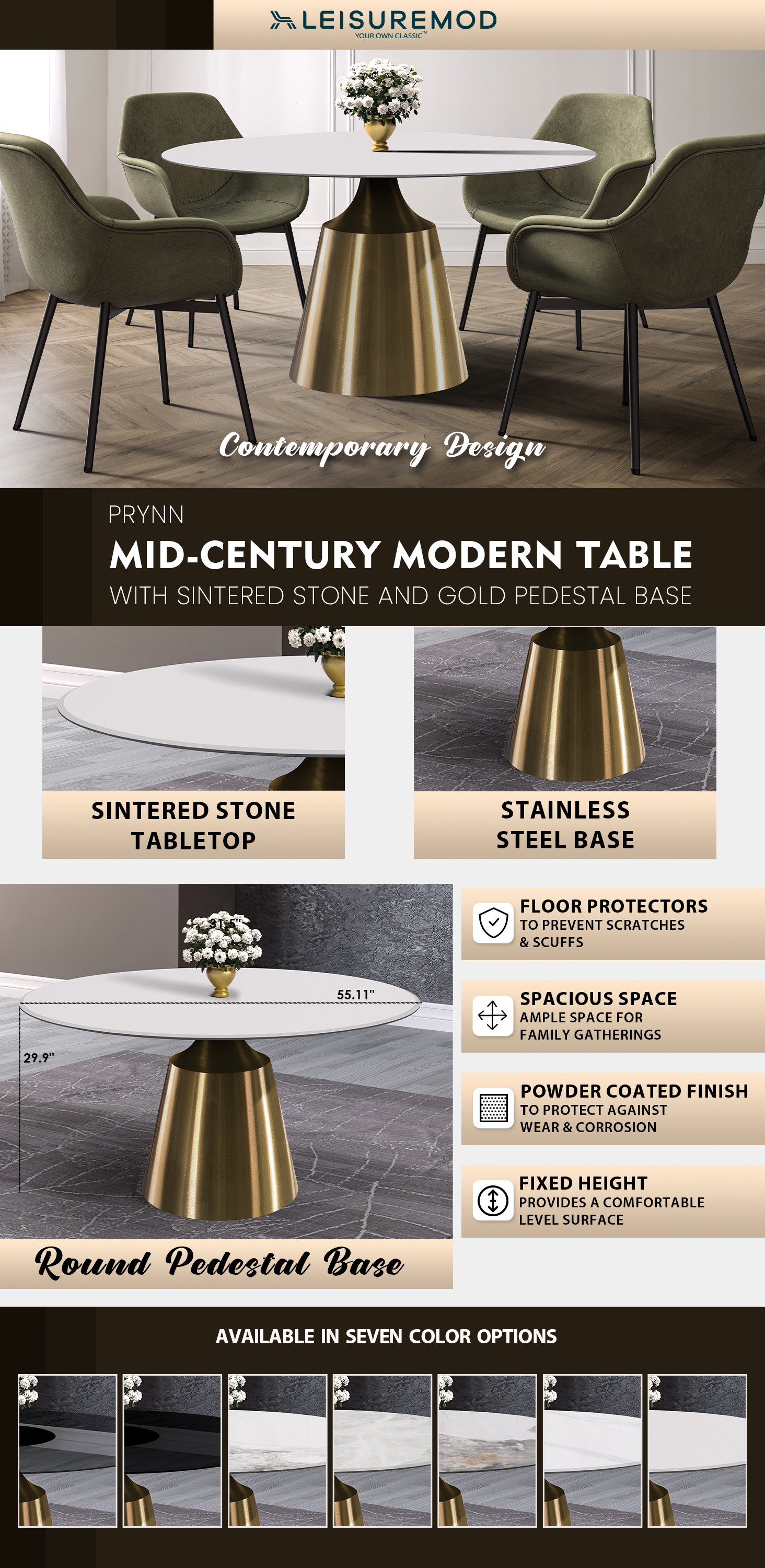 Prynn Series Round Dining Table Gold Base with 60 Round Solid White Sintered Stone Top