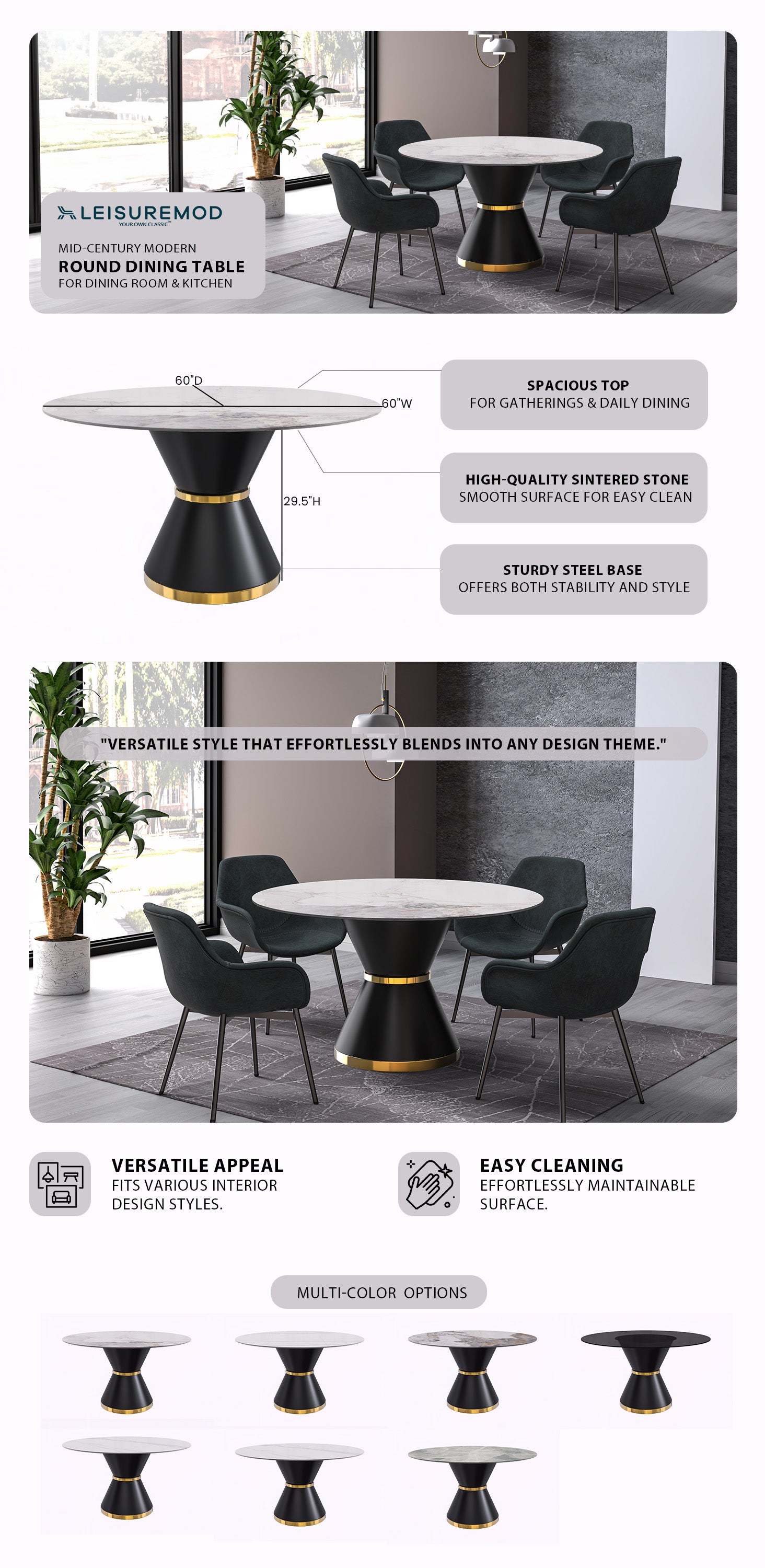 Qorvus Series Round Dining Table Black\Gold Base with 60 Round White Grey Sintered Stone Top