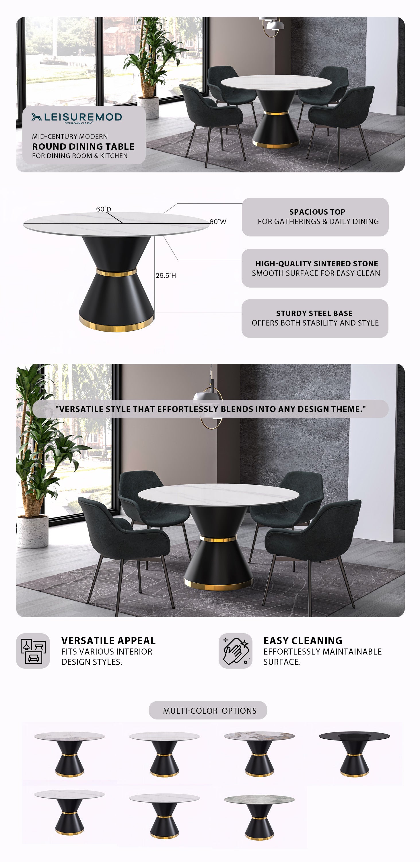 Qorvus Series Round Dining Table Black\Gold Base with 60 Round Solid White Sintered Stone Top