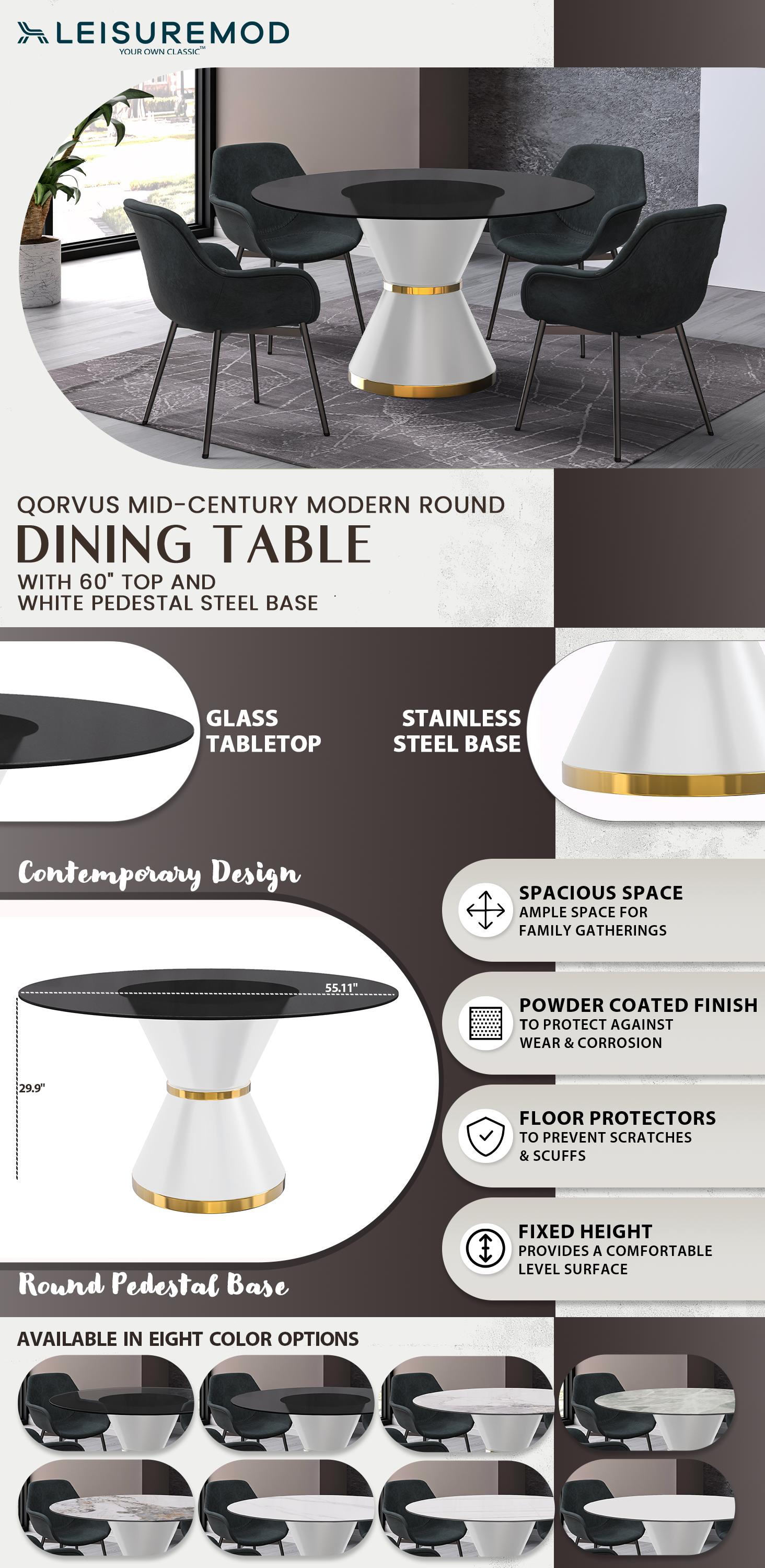 Qorvus Series Round Dining Table White\Gold Base with 60 Round BLack Glass Top