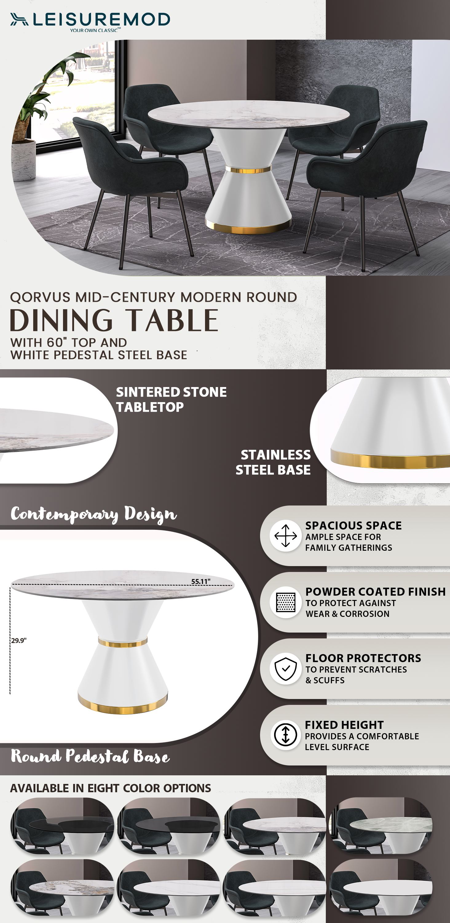 Qorvus Series Round Dining Table White\Gold Base with 60 Round White Grey Sintered Stone Top