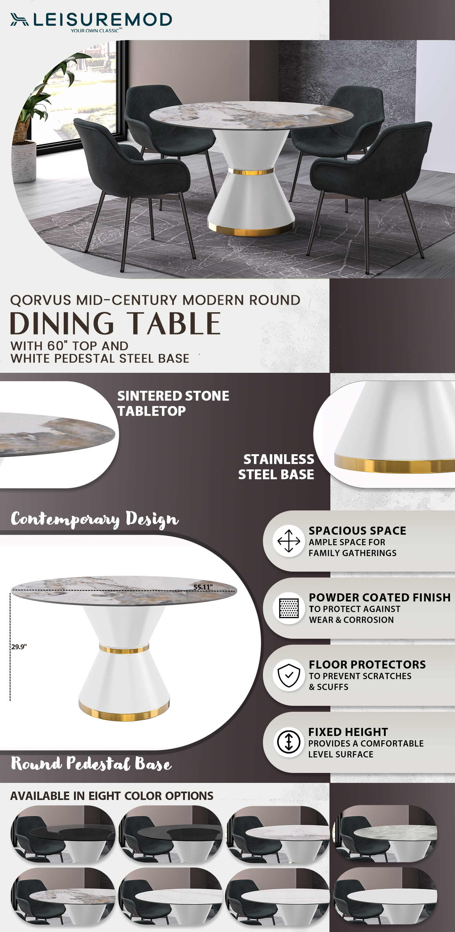 Qorvus Series Round Dining Table White\Gold Base with 60 Round Medium Grey Sintered Stone Top