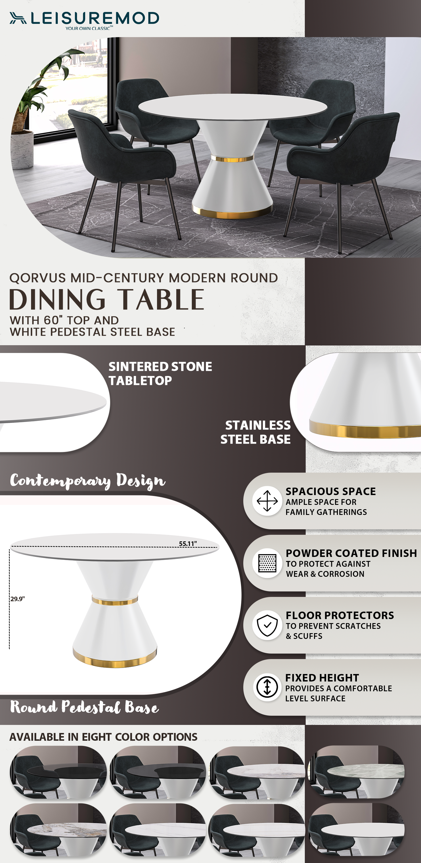 Qorvus Series Round Dining Table White\Gold Base with 60 Round Solid White Sintered Stone Top