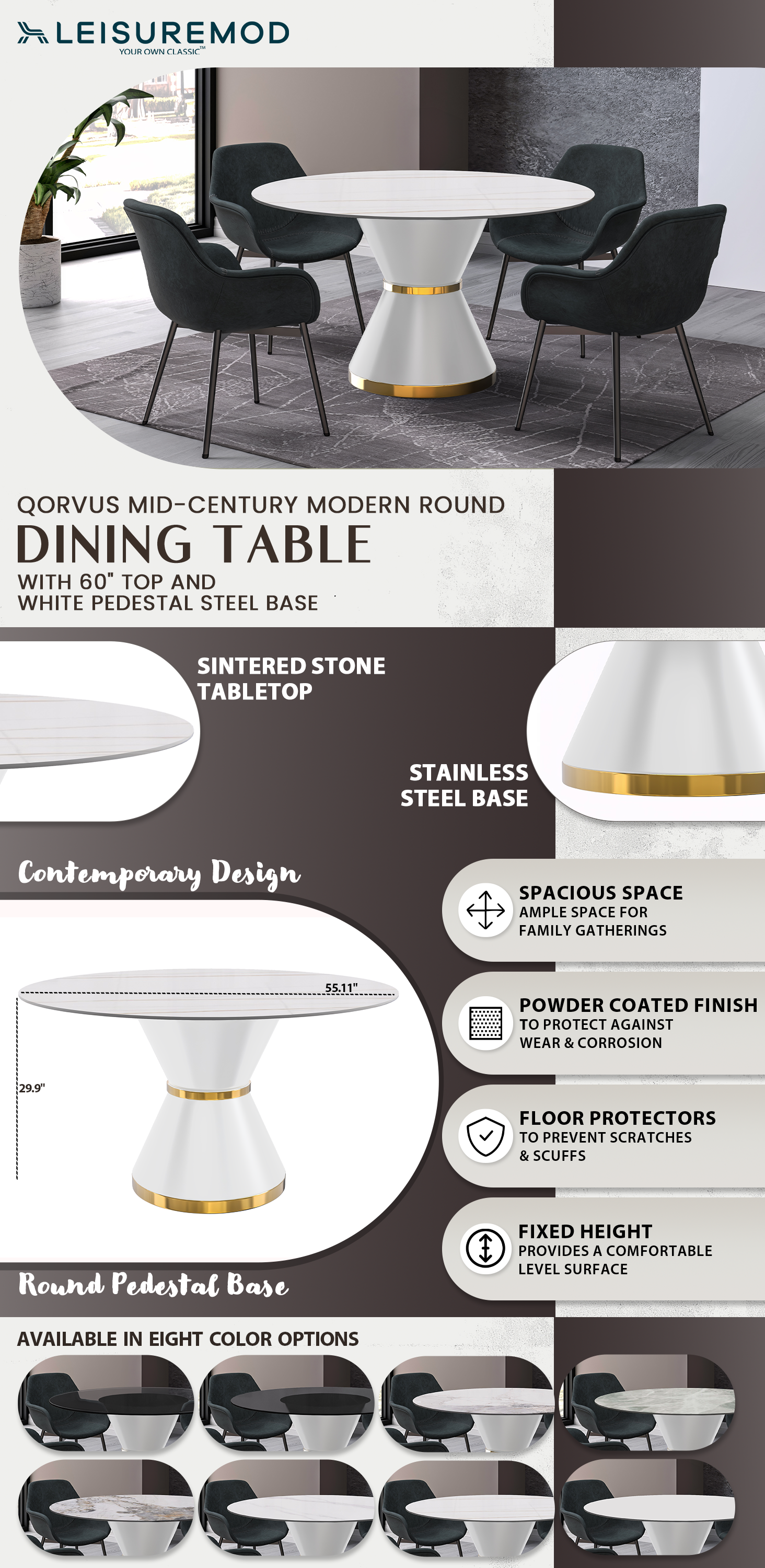 Qorvus Series Round Dining Table White\Gold Base with 60 Round White/Gold Sintered Stone Top