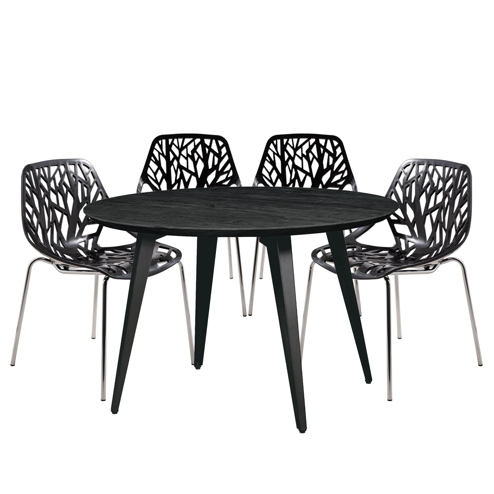 Ravenna Mid-Century Modern 5-Piece Dining Set with 4 Stackable Plastic Chairs and Round Wood Table with Metal Base for Kitchen and Dining Room