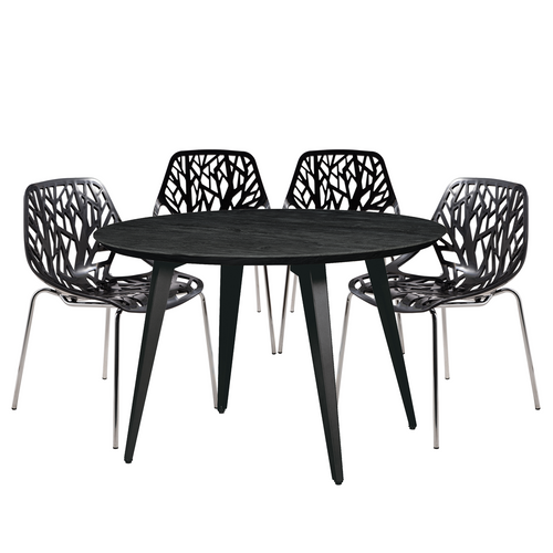 Ravenna Mid-Century Modern 5-Piece Dining Set with 4 Stackable Plastic Chairs and Round Wood Table with Metal Base for Kitchen and Dining Room