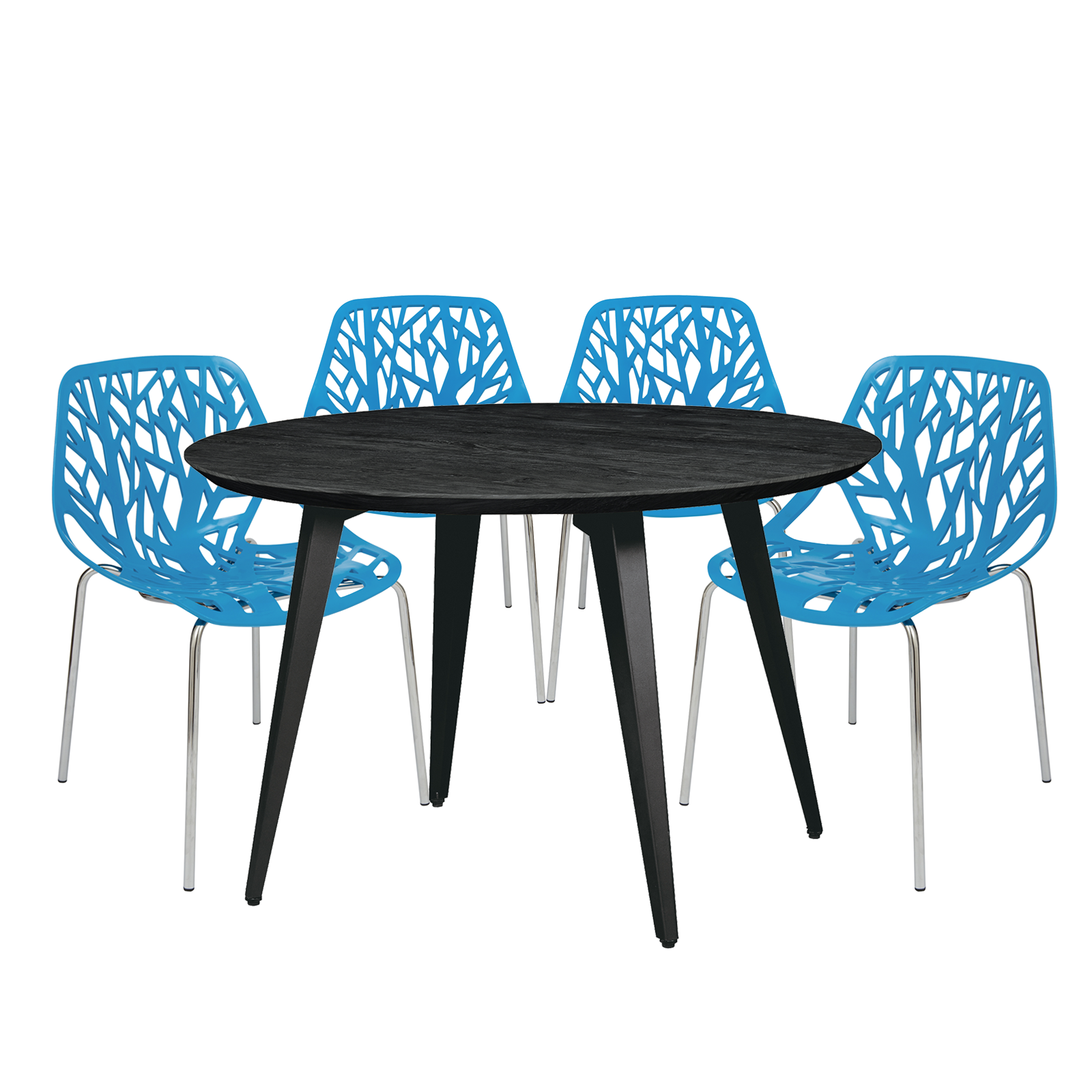 Ravenna Mid-Century Modern 5-Piece Dining Set with 4 Stackable Plastic Chairs and Round Wood Table with Metal Base for Kitchen and Dining Room