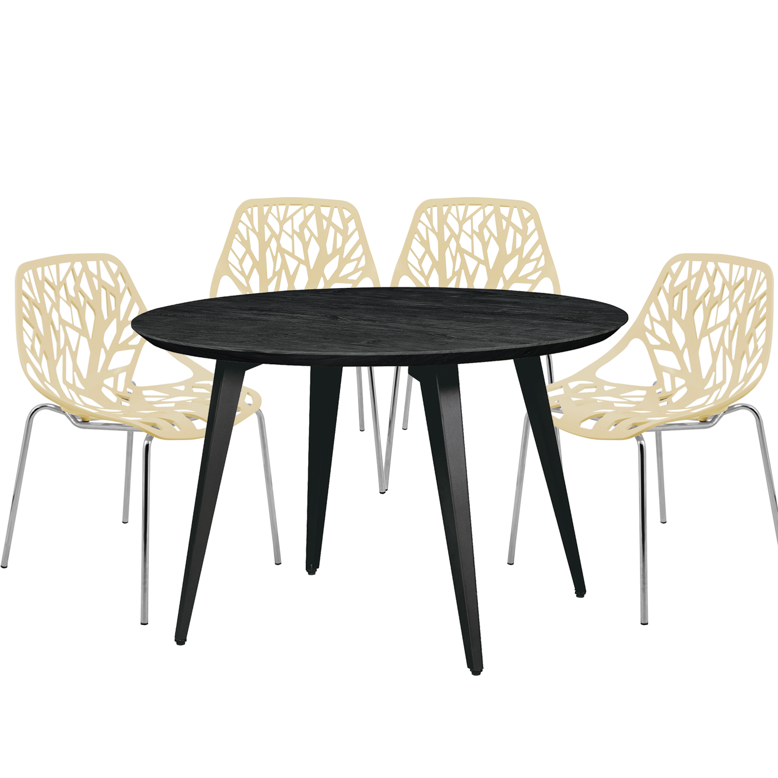 Ravenna Mid-Century Modern 5-Piece Dining Set with 4 Stackable Plastic Chairs and Round Wood Table with Metal Base for Kitchen and Dining Room