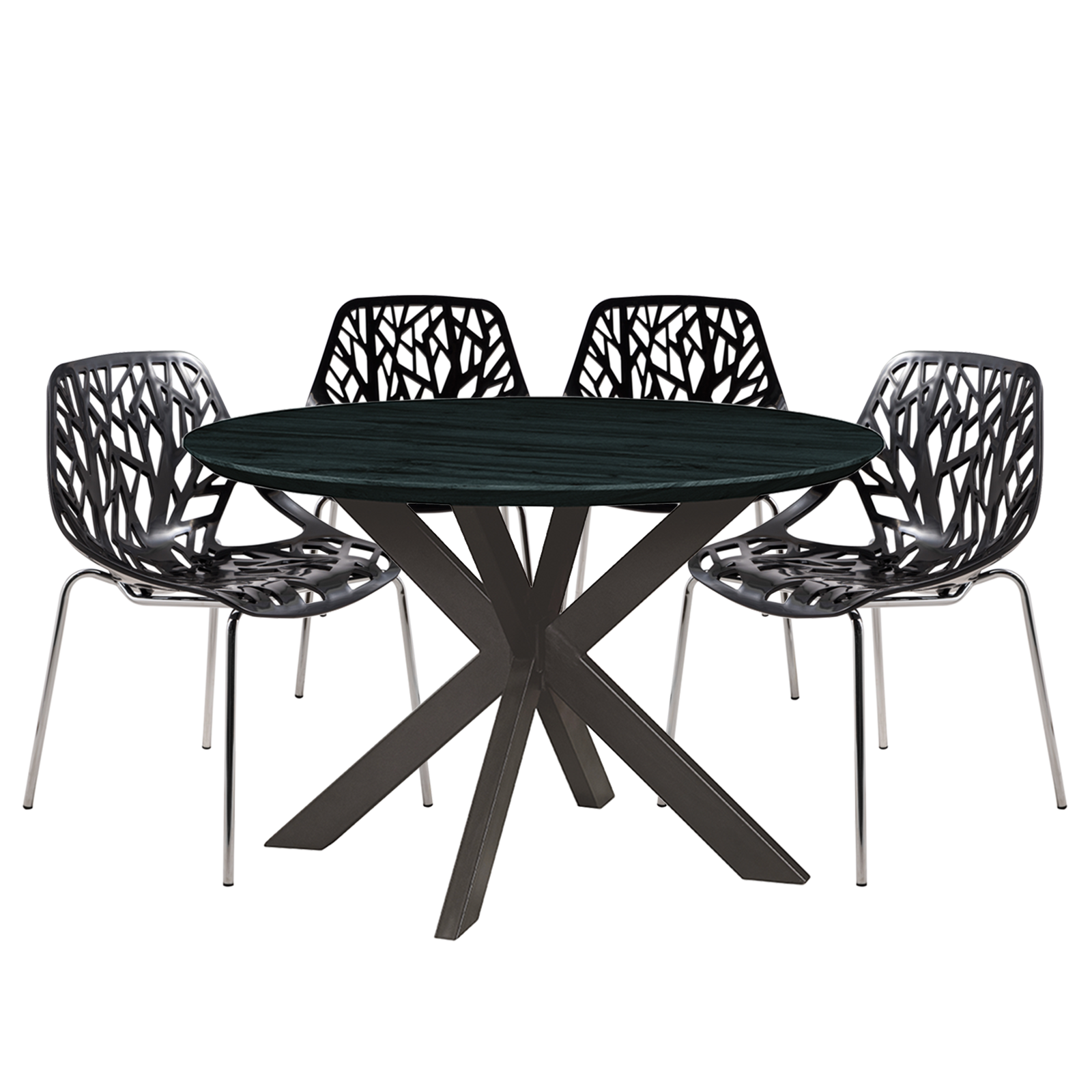 Ravenna Mid-Century Modern 5-Piece Metal Dining Set with 4 Stackable Plastic Chairs and Round Wood Table with Geometric Base for Kitchen and Dining Room