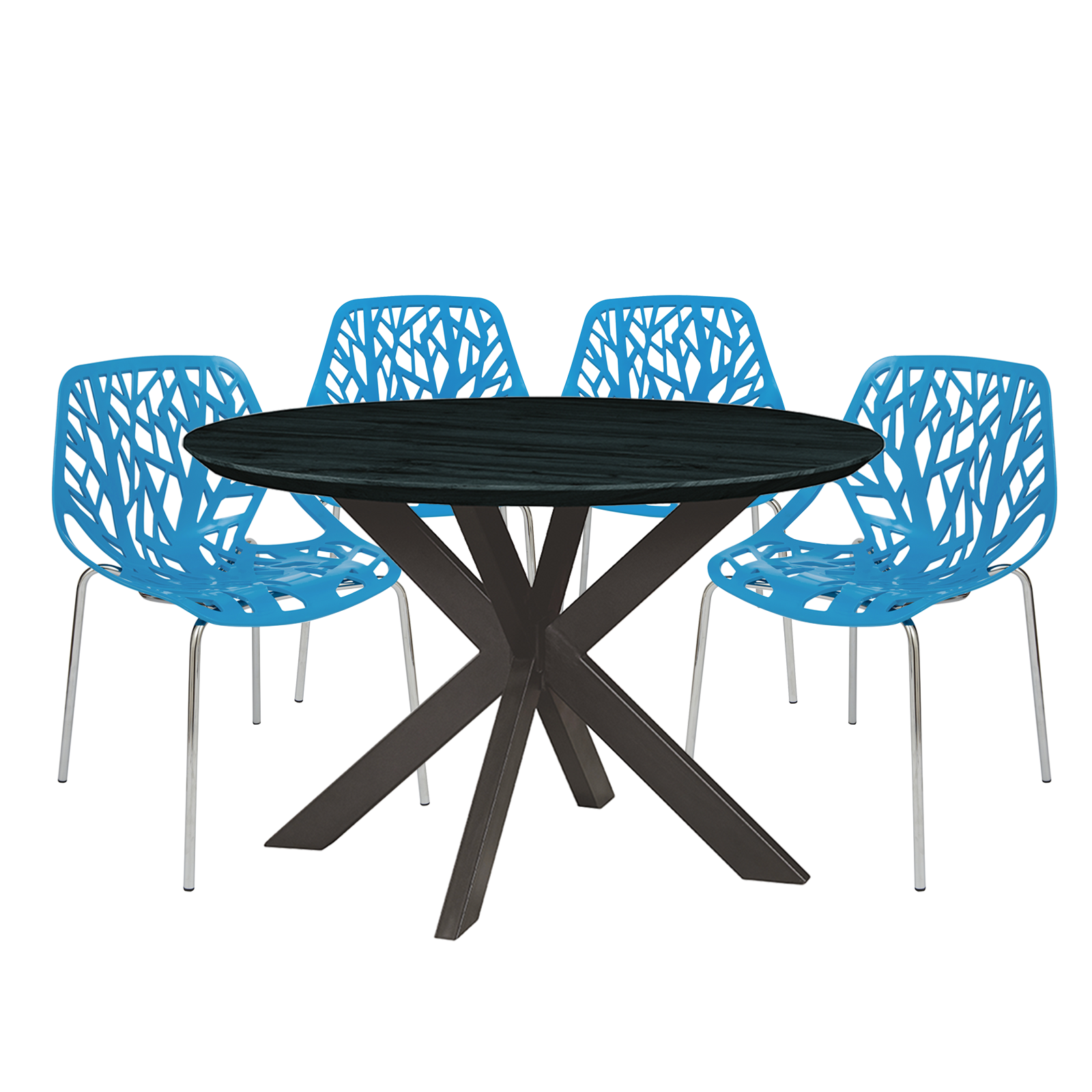 Ravenna Mid-Century Modern 5-Piece Metal Dining Set with 4 Stackable Plastic Chairs and Round Wood Table with Geometric Base for Kitchen and Dining Room