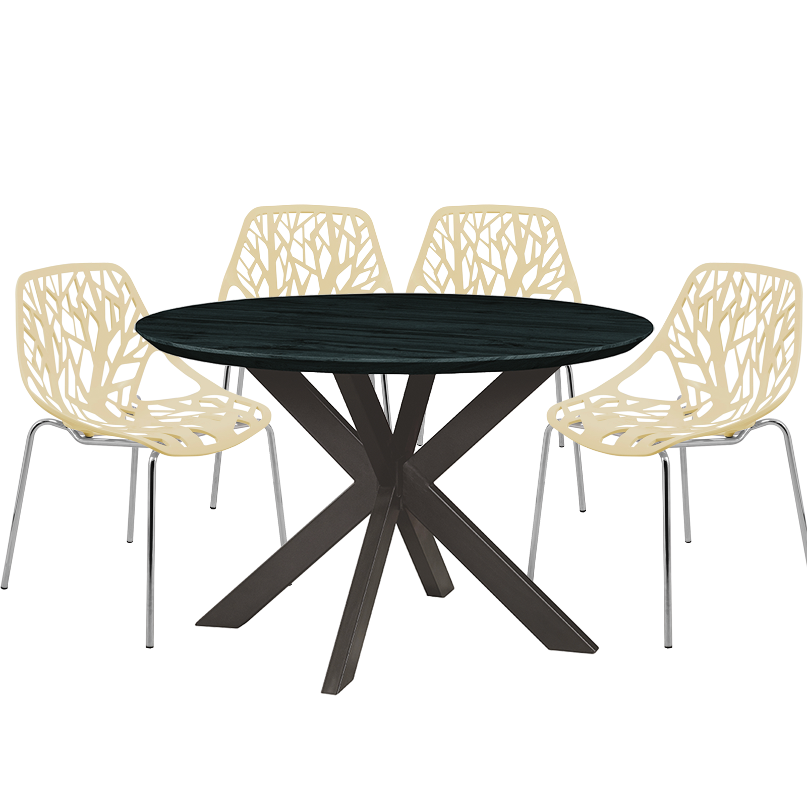 Ravenna Mid-Century Modern 5-Piece Metal Dining Set with 4 Stackable Plastic Chairs and Round Wood Table with Geometric Base for Kitchen and Dining Room