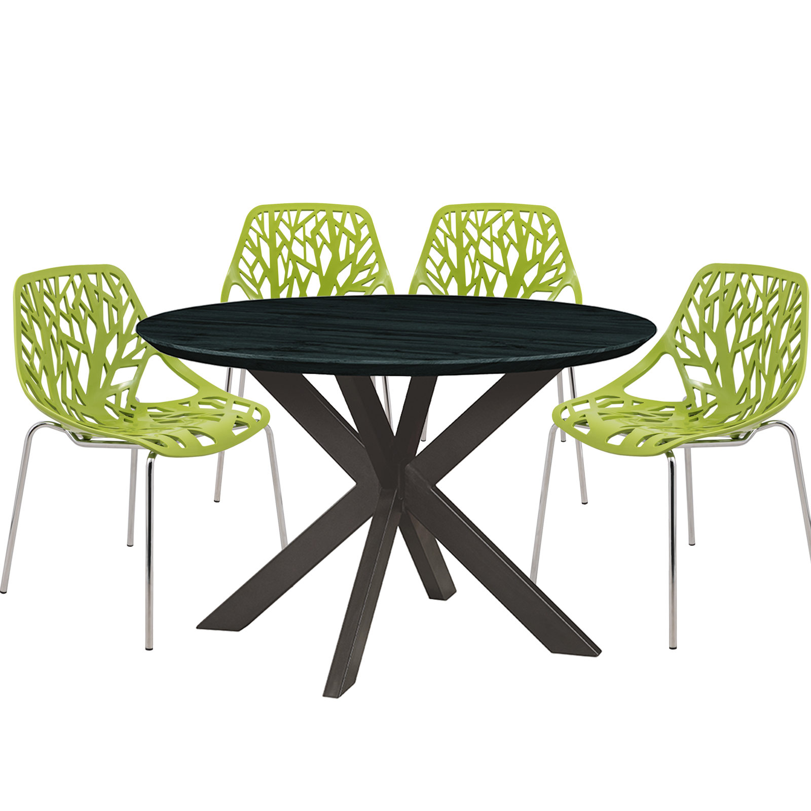 Ravenna Mid-Century Modern 5-Piece Metal Dining Set with 4 Stackable Plastic Chairs and Round Wood Table with Geometric Base for Kitchen and Dining Room