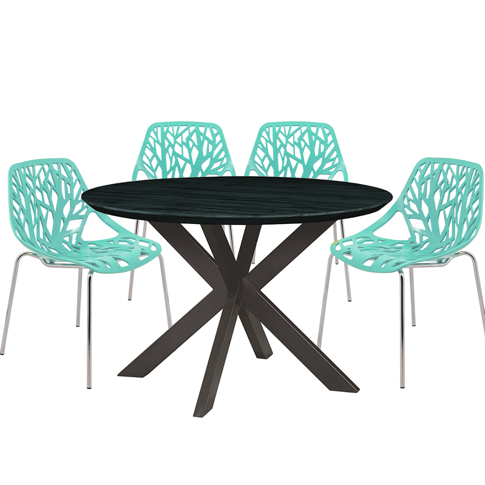 Ravenna Mid-Century Modern 5-Piece Metal Dining Set with 4 Stackable Plastic Chairs and Round Wood Table with Geometric Base for Kitchen and Dining Room