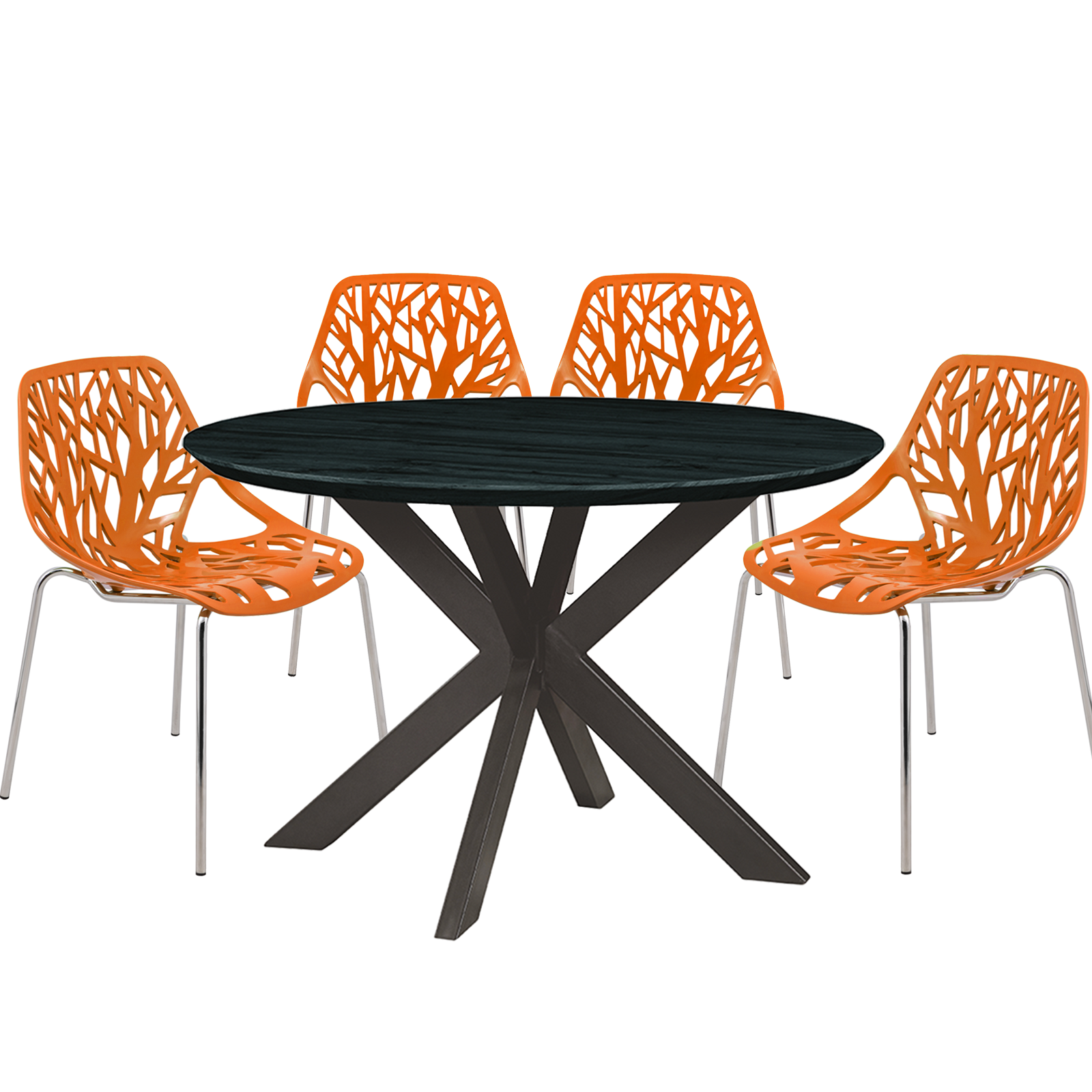 Ravenna Mid-Century Modern 5-Piece Metal Dining Set with 4 Stackable Plastic Chairs and Round Wood Table with Geometric Base for Kitchen and Dining Room