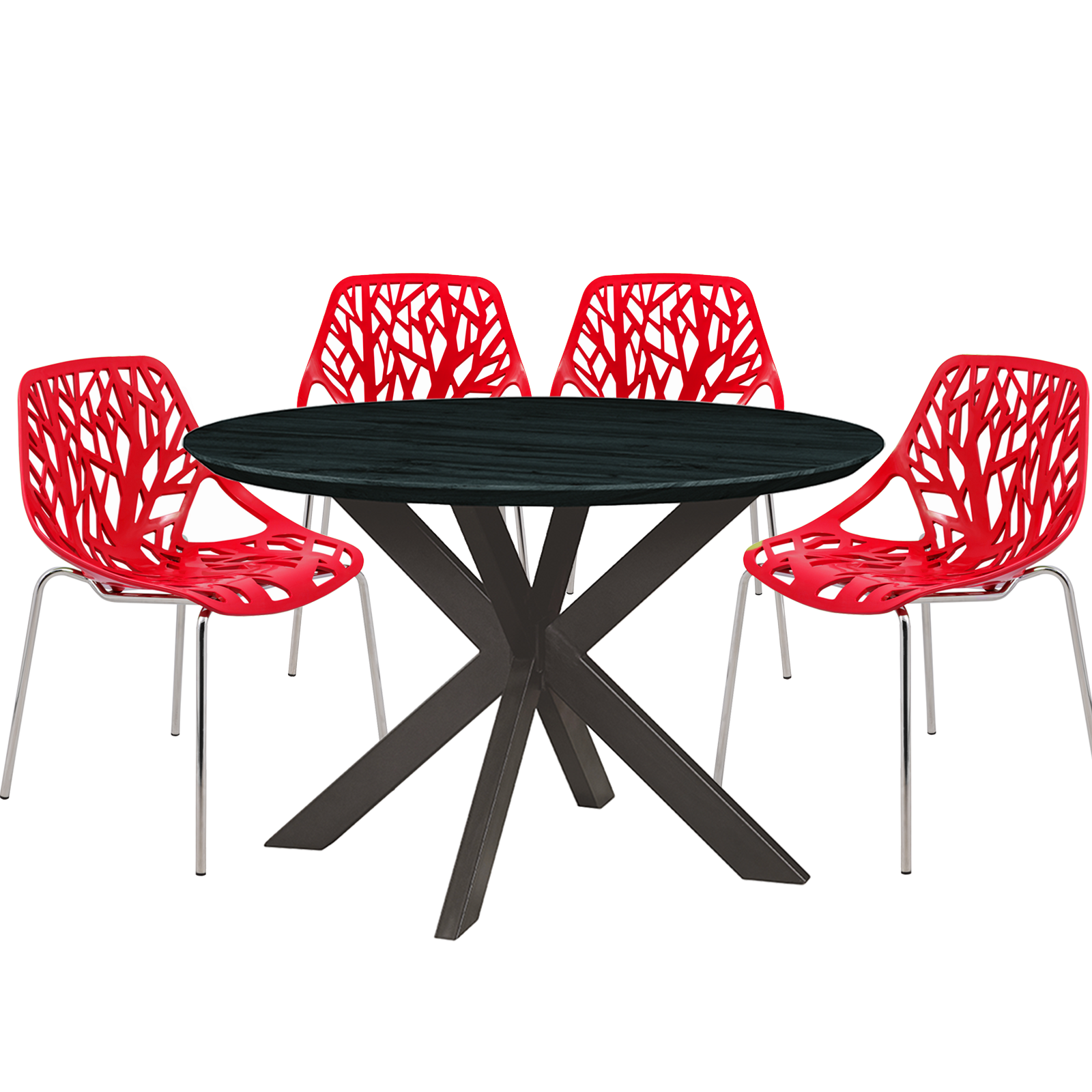 Ravenna Mid-Century Modern 5-Piece Metal Dining Set with 4 Stackable Plastic Chairs and Round Wood Table with Geometric Base for Kitchen and Dining Room