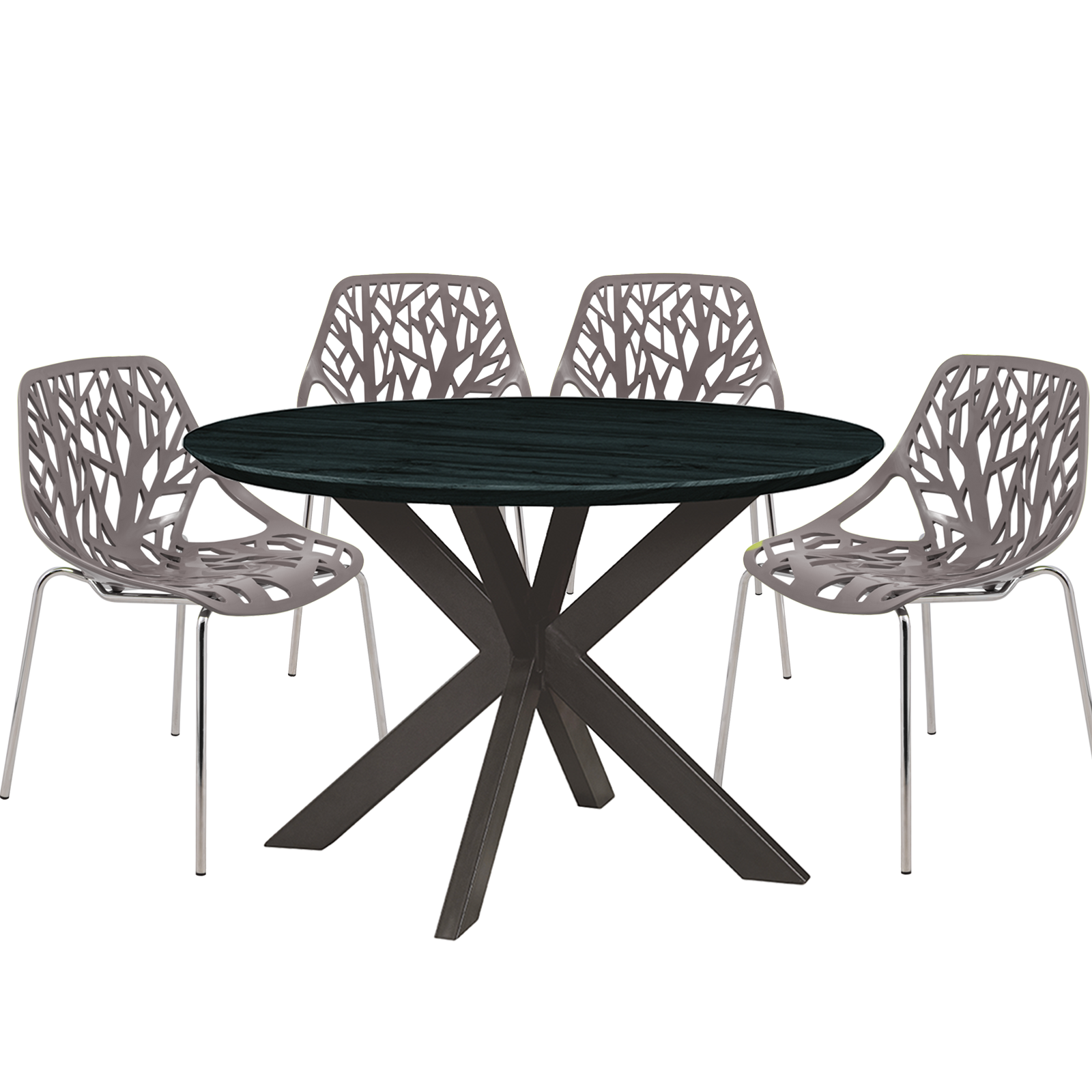 Ravenna Mid-Century Modern 5-Piece Metal Dining Set with 4 Stackable Plastic Chairs and Round Wood Table with Geometric Base for Kitchen and Dining Room