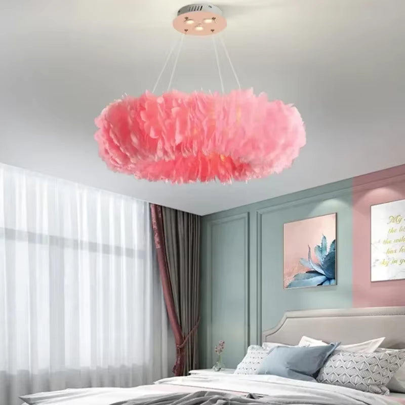Round Feather Chandelier - White & Pink & Gray & Yellow