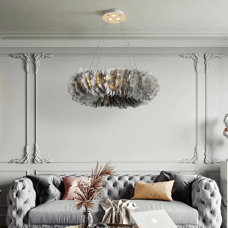Round Feather Chandelier - White & Pink & Gray & Yellow