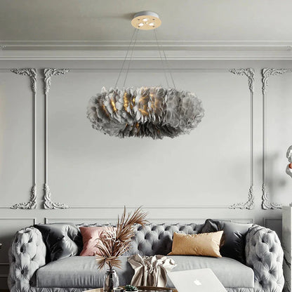Round Feather Chandelier - White & Pink & Gray & Yellow