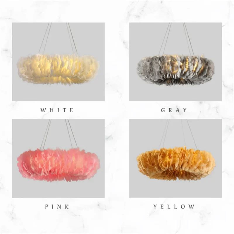 Round Feather Chandelier - White & Pink & Gray & Yellow