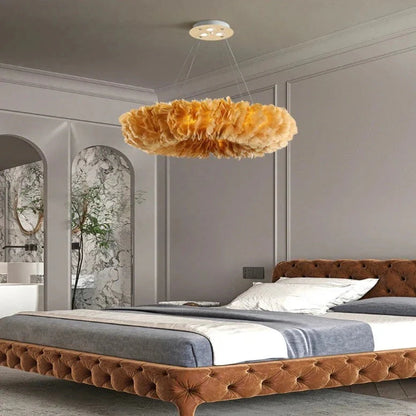 Round Feather Chandelier - White & Pink & Gray & Yellow