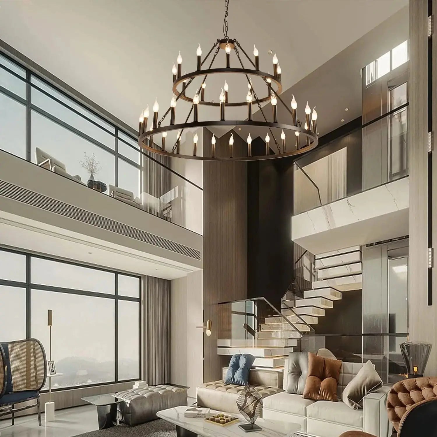 Rustic 48-inch 2 Tier Wagon Wheel Chandelier