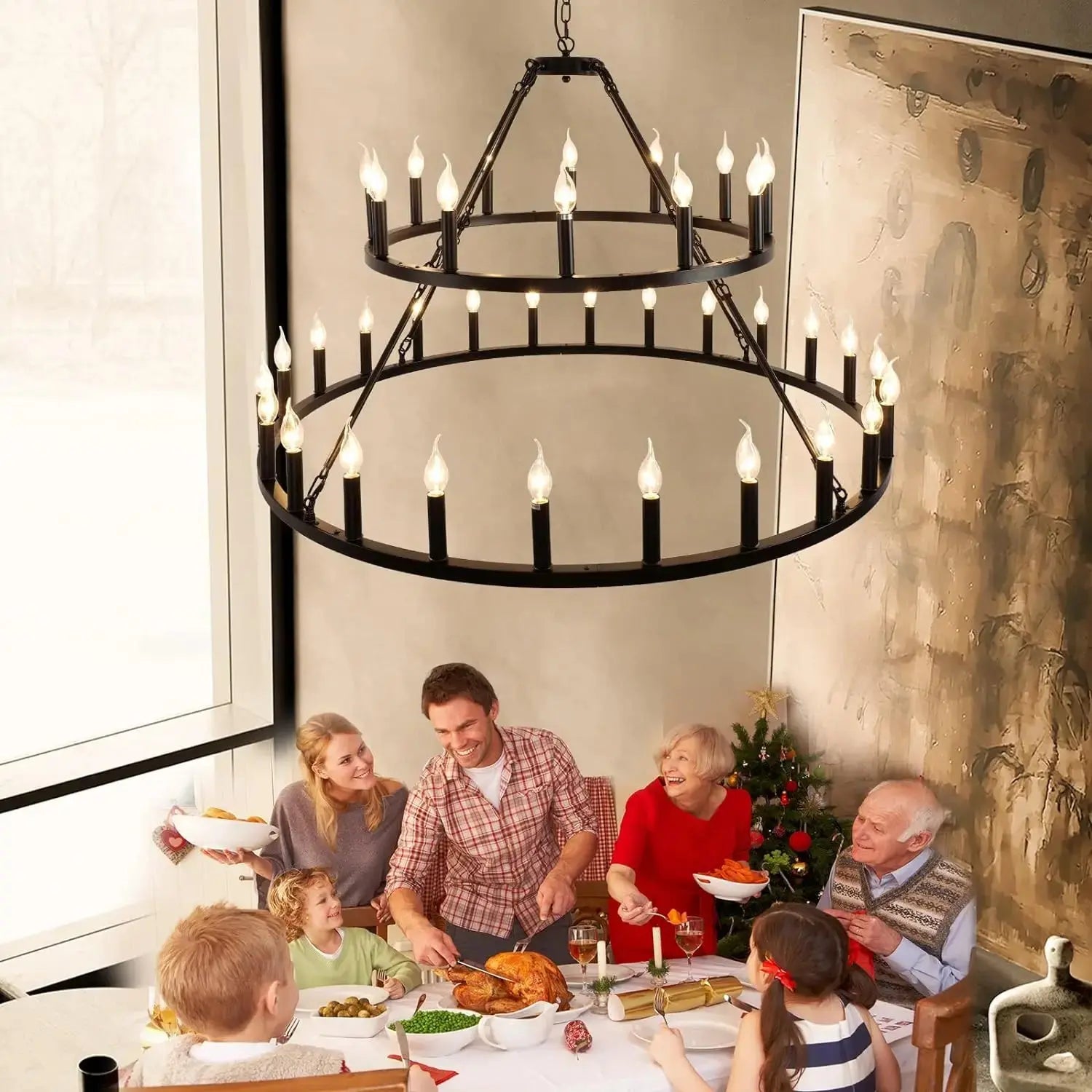 Rustic 48-inch 2 Tier Wagon Wheel Chandelier