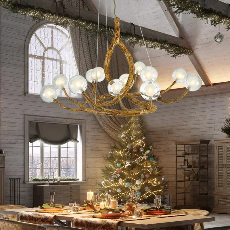 Rustic Farmhouse Branch Chandelier with Glass Orbs