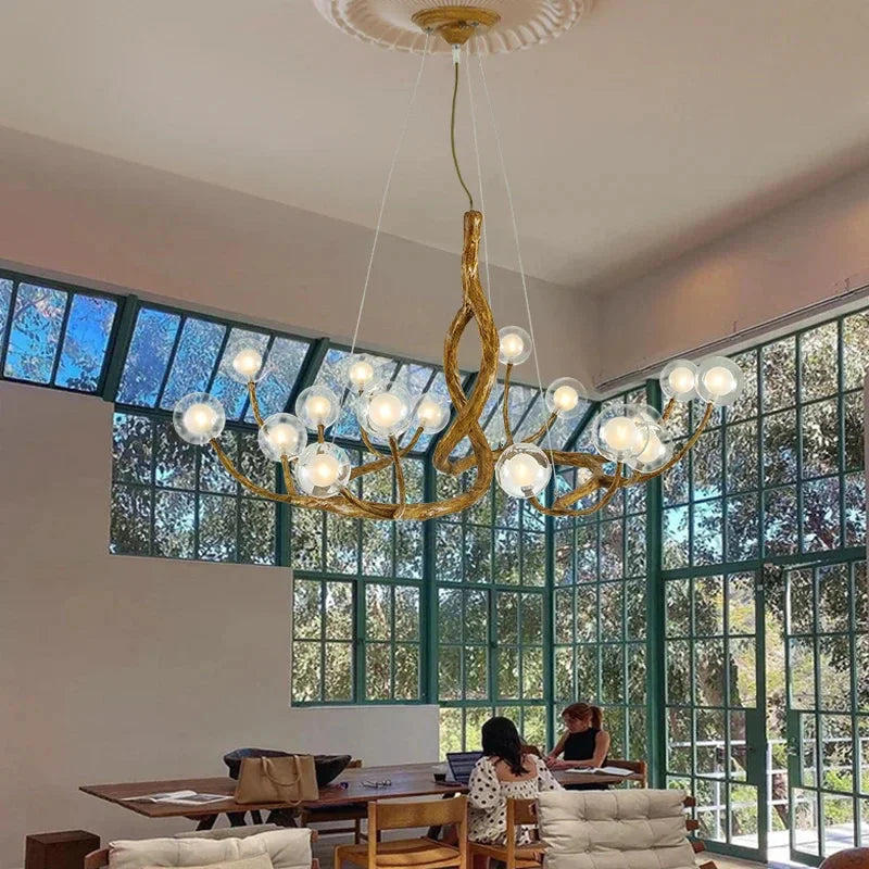 Rustic Farmhouse Branch Chandelier with Glass Orbs