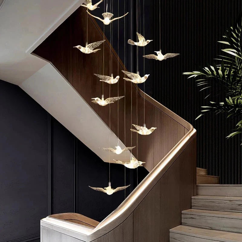 Bird Spiral Long Led Chandelier for Staircase and Foyer