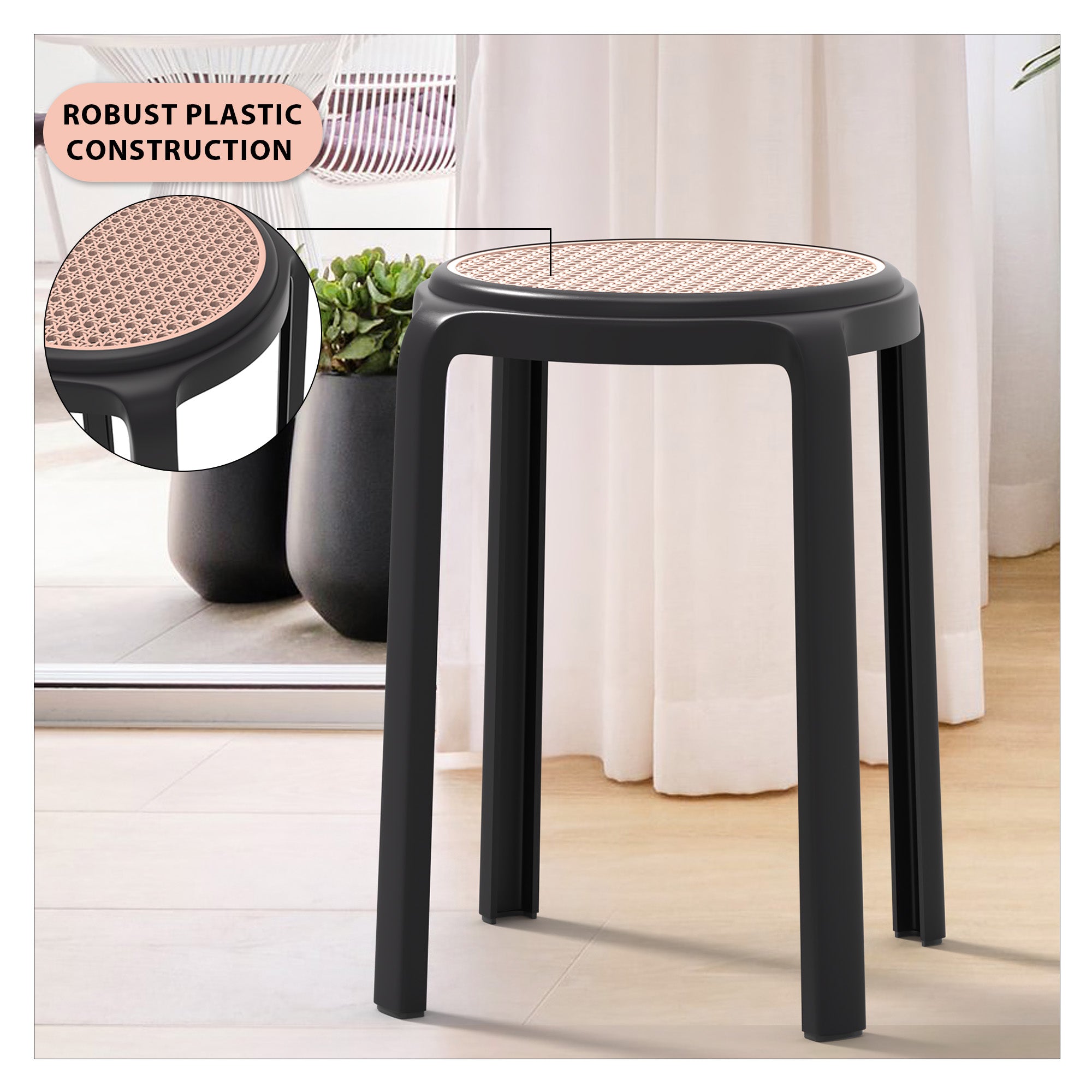 Tresse Series Stackable Round Poly Stool With Wicker Top 13 in Black