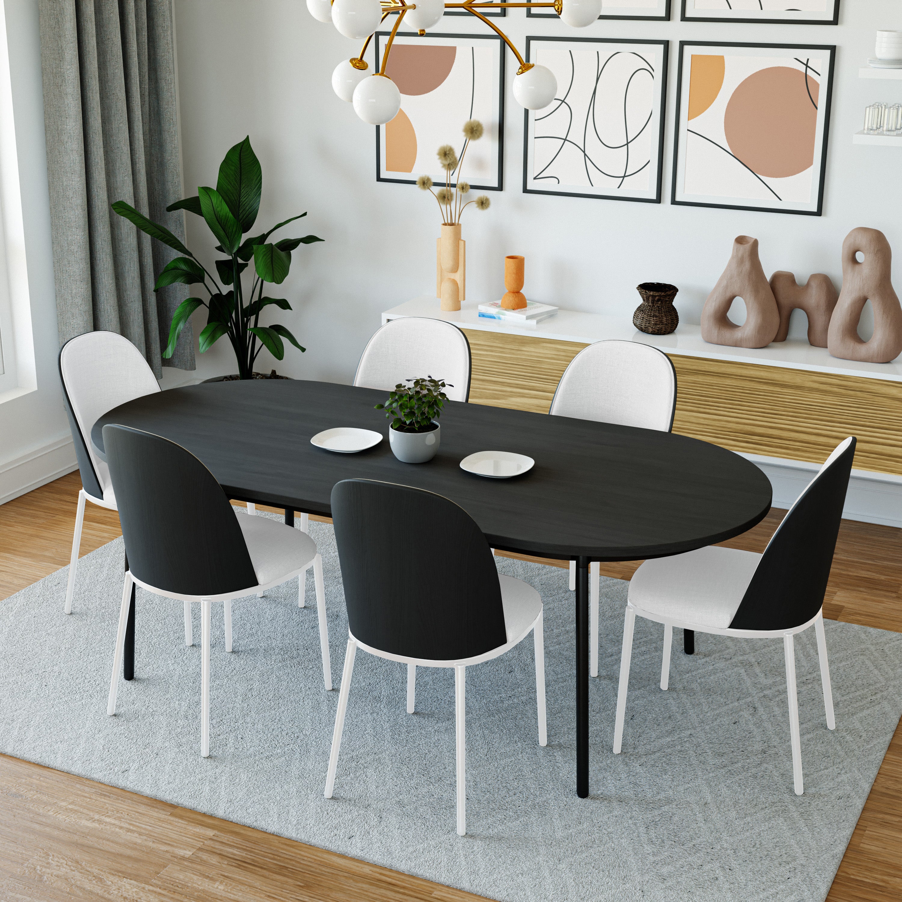 Tule Mid-Century Modern Dining Side Chair with Leather Seat and White Powder-Coated Steel Frame