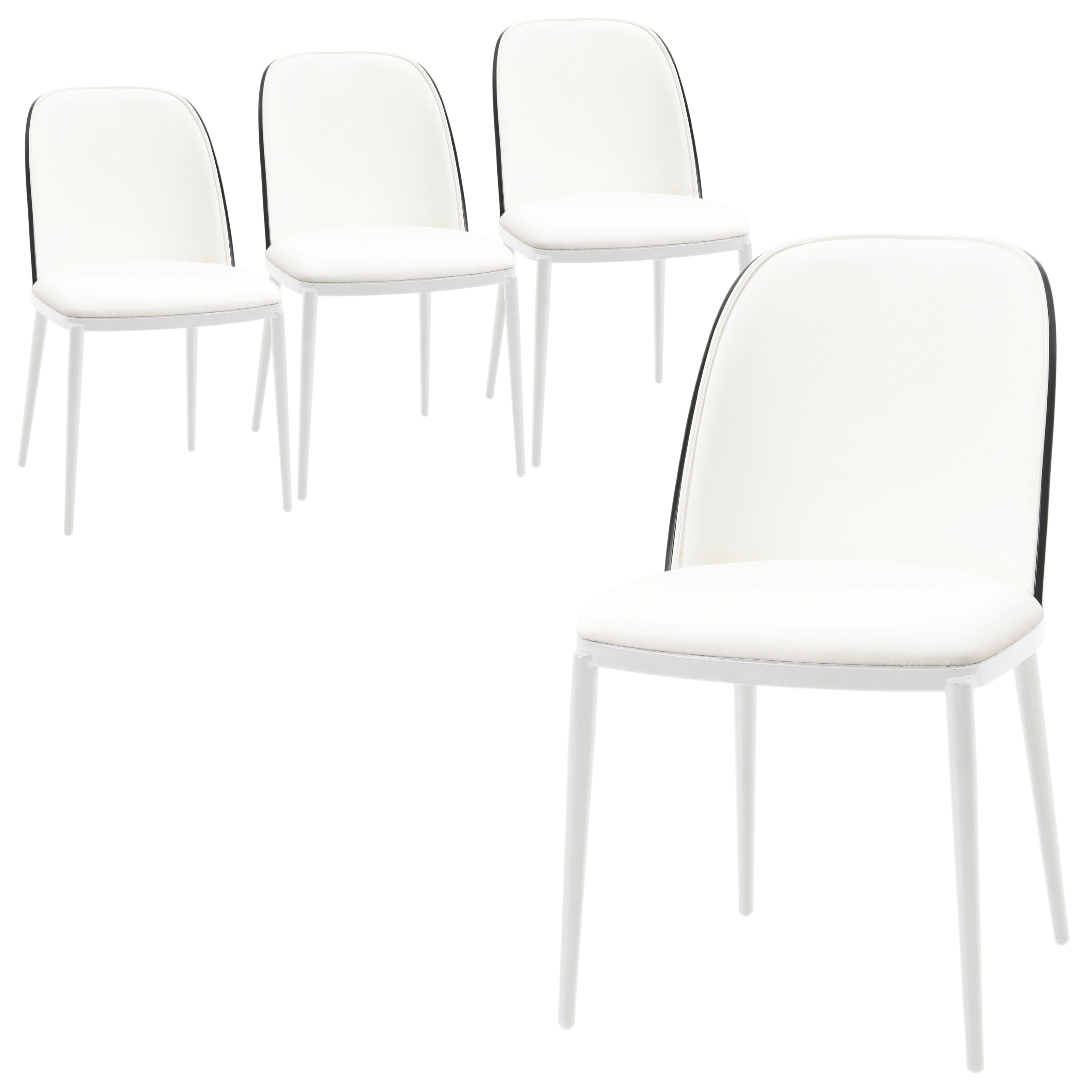 Tule Mid-Century Modern Dining Side Chair with Leather Seat and White Powder-Coated Steel Frame, Set of 4