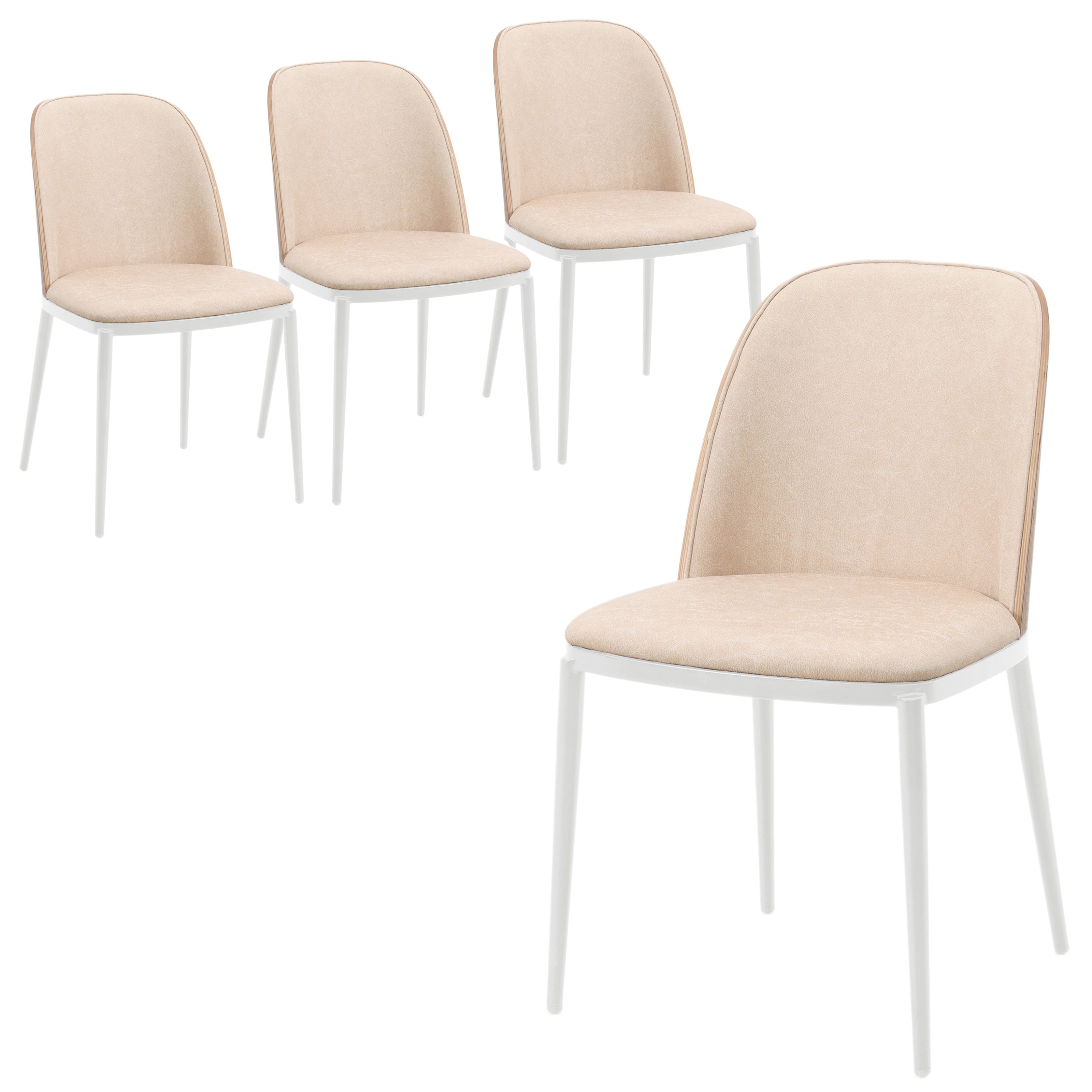 Tule Mid-Century Modern Dining Side Chair with Leather Seat and White Powder-Coated Steel Frame, Set of 4